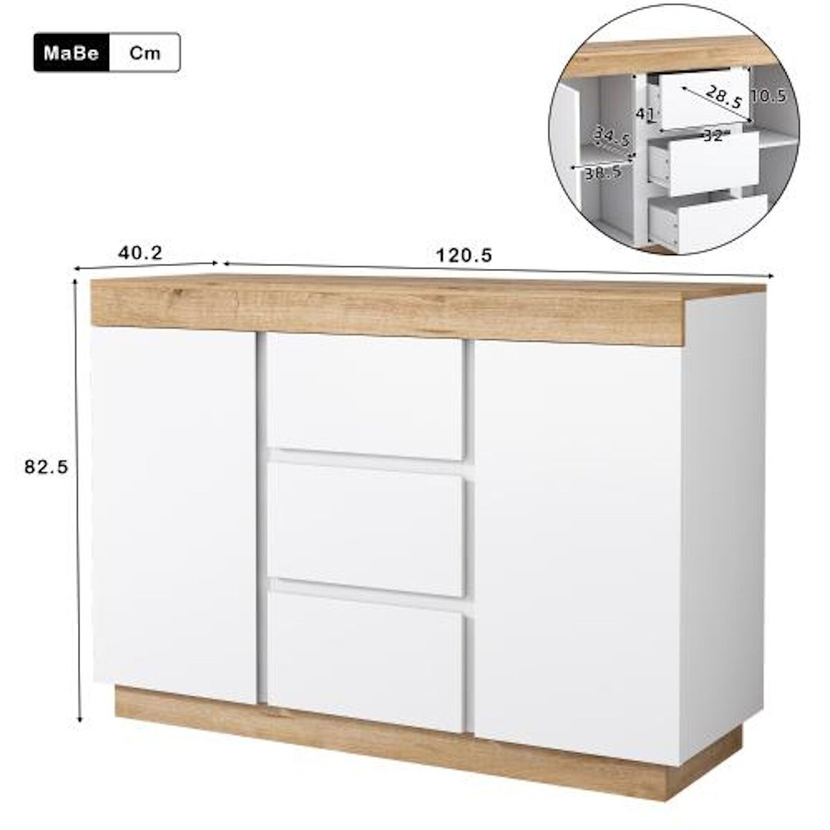 MERAX Buffet 3 porte(s) 3 tiroir(s) - 120,5 cm blanc+naturel panneau de particules