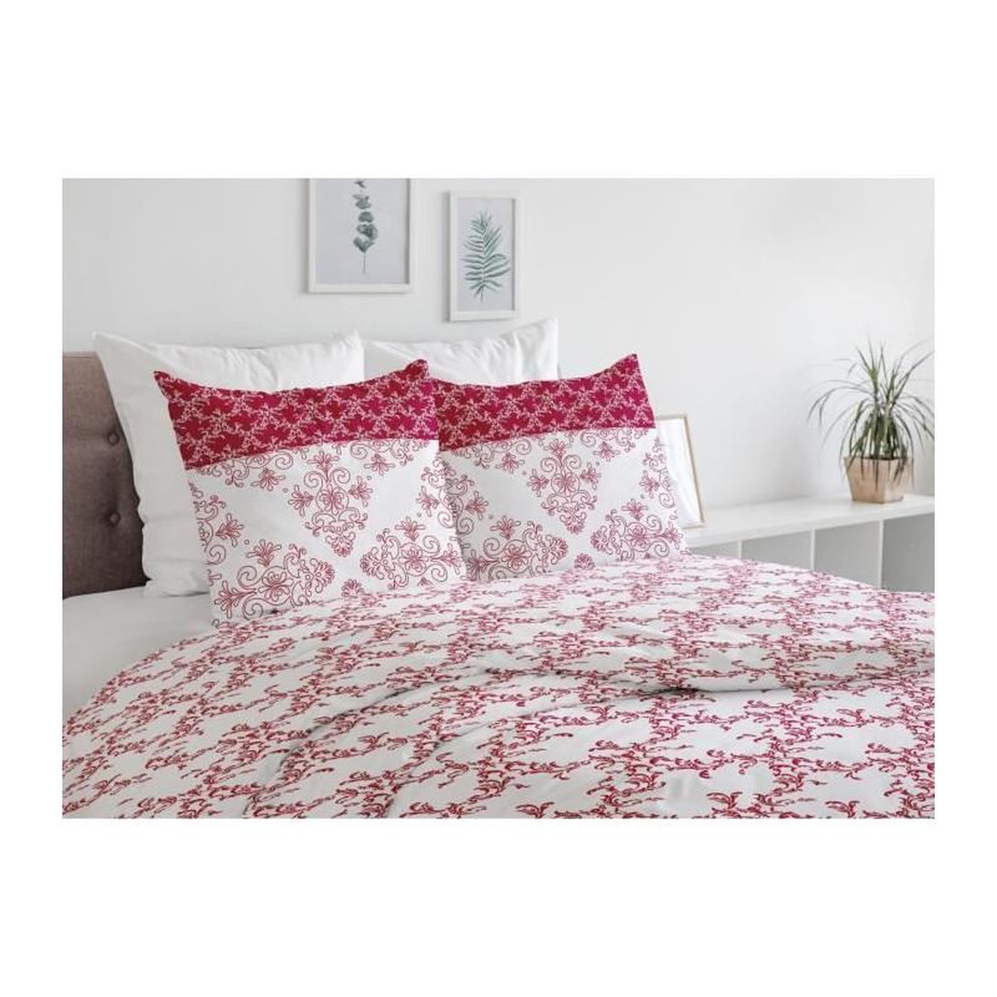 Voir la diapositive 2 : HOME LINGE PASSION Parure de couette 220x240 cm HOME LINGE PASSION FRISE : Housse de couette + 2 taies d'oreiller - 100% Coton 57 Fils - Bordeaux