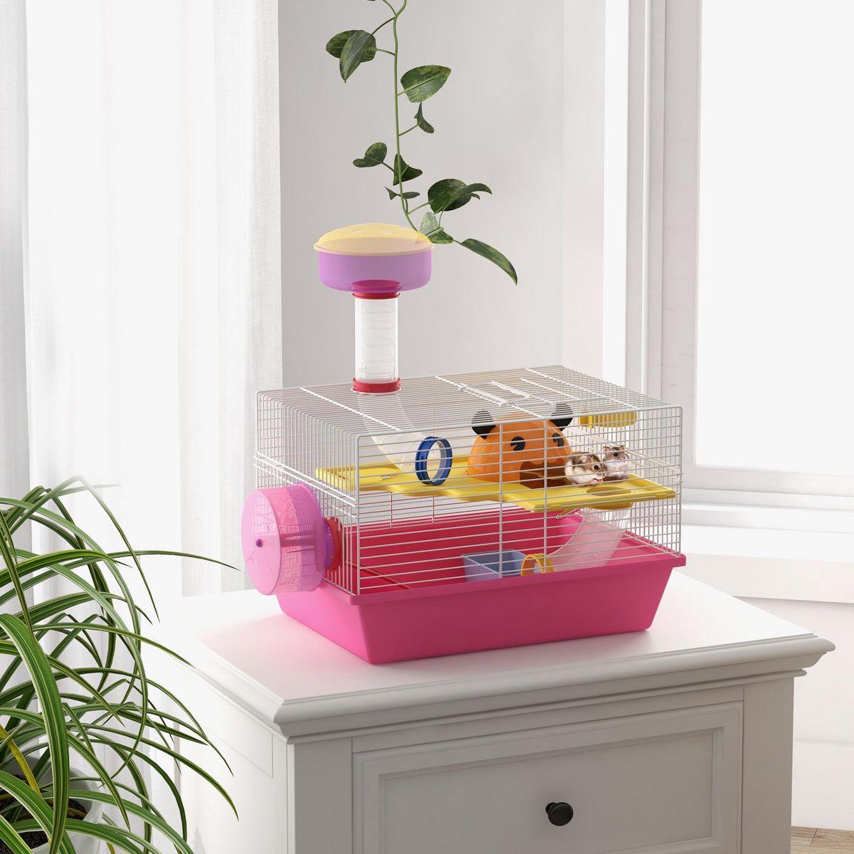 PAWHUT Cage à hamster rat rongeur - plateforme, biberon eau, roue, maisonnette, tubes - acier blanc PP rose