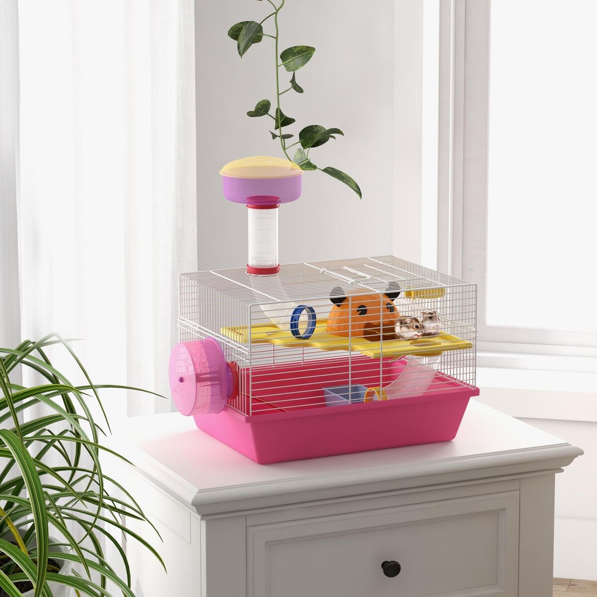 PAWHUT Cage à hamster rat rongeur - plateforme, biberon eau, roue, maisonnette, tubes - acier blanc PP rose