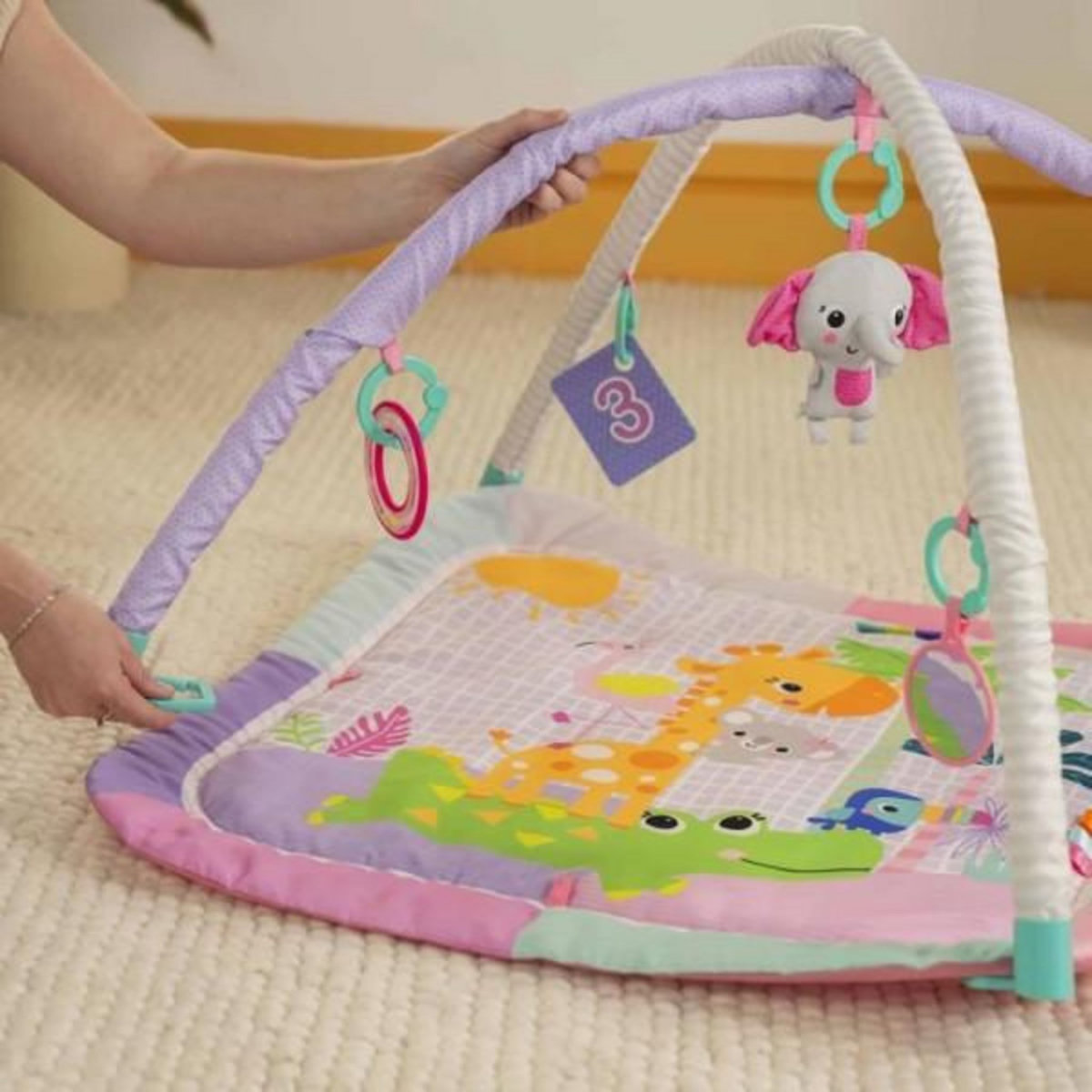 Bright Starts BRIGHT STARTS Tapis de sol éveil bébé évolutif pliable- Jungle Rose- arche avec jouets sensoriels et musicaux, miroir