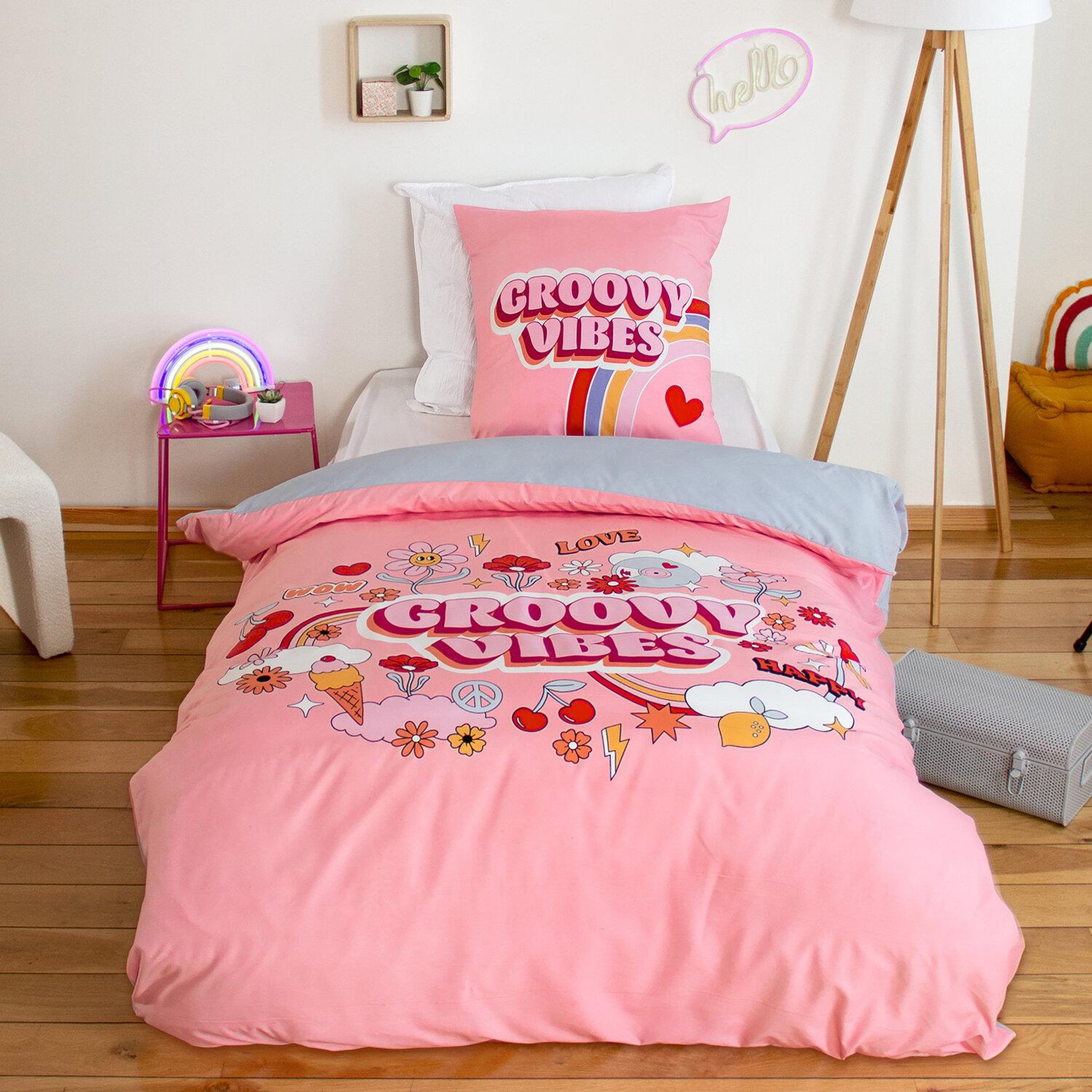 Home collection Parure housse de couette 2pcs 140x200 100% microfibre - groovy vibes. Coloris disponibles : Blanc