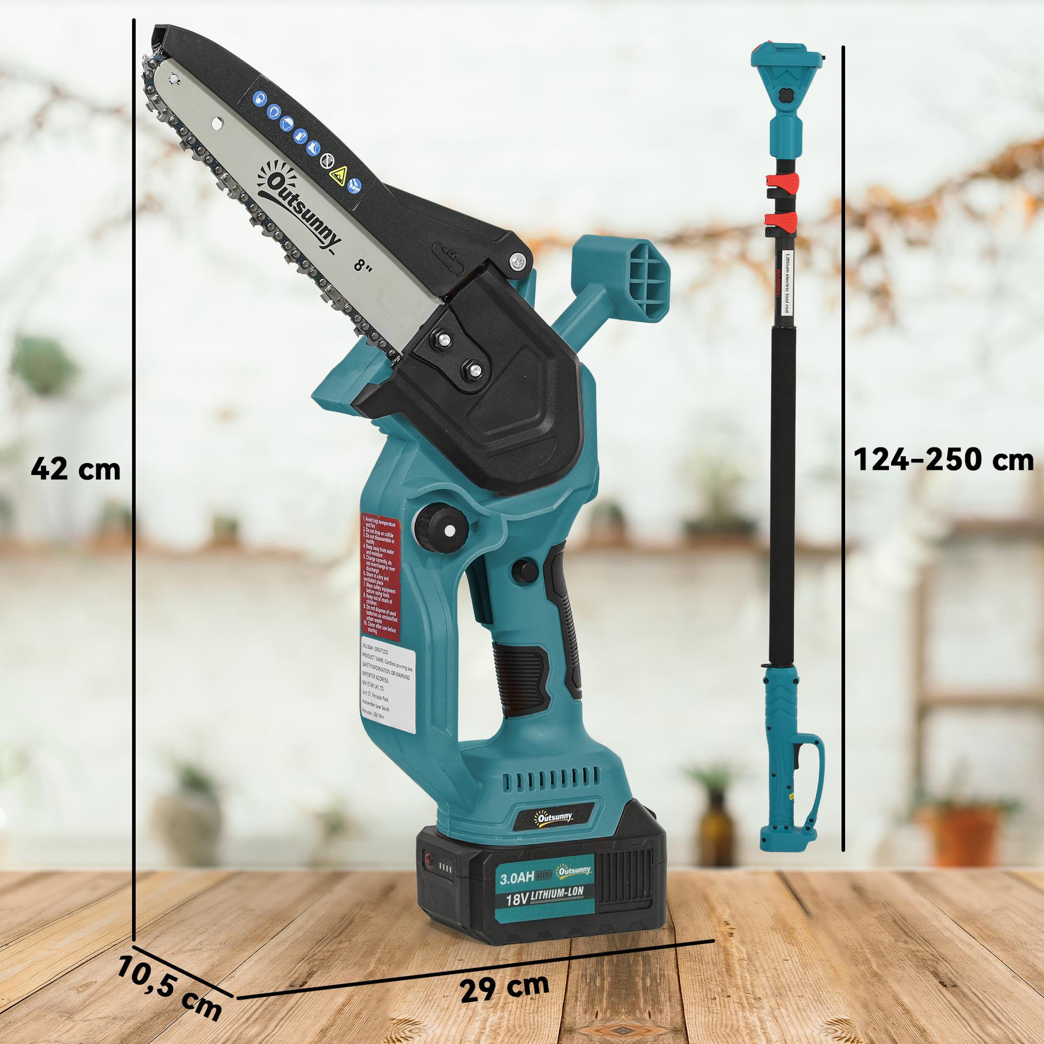 Voir la diapositive 3 : OUTSUNNY Mini tronçonneuse sans fil 580W - scie d'élagage électrique portable 18V 8 pouces - kit complet bleu