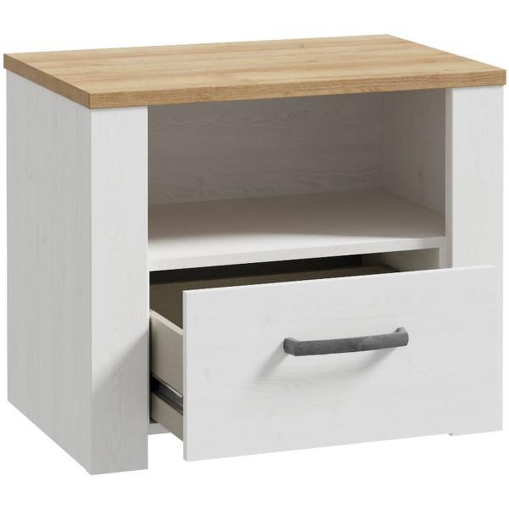 Voir la diapositive 5 : MARKET24 Chevet 1 tiroir et 1 niche - BOHOL - Chene / Blanc - L61,6 x P42 x H52 cm
