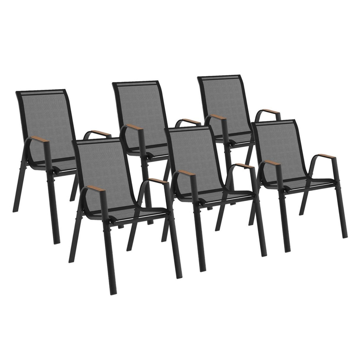 ID MARKET Lot de 6 chaises de jardin NOUMEA métal et textilène empilables noir et bois