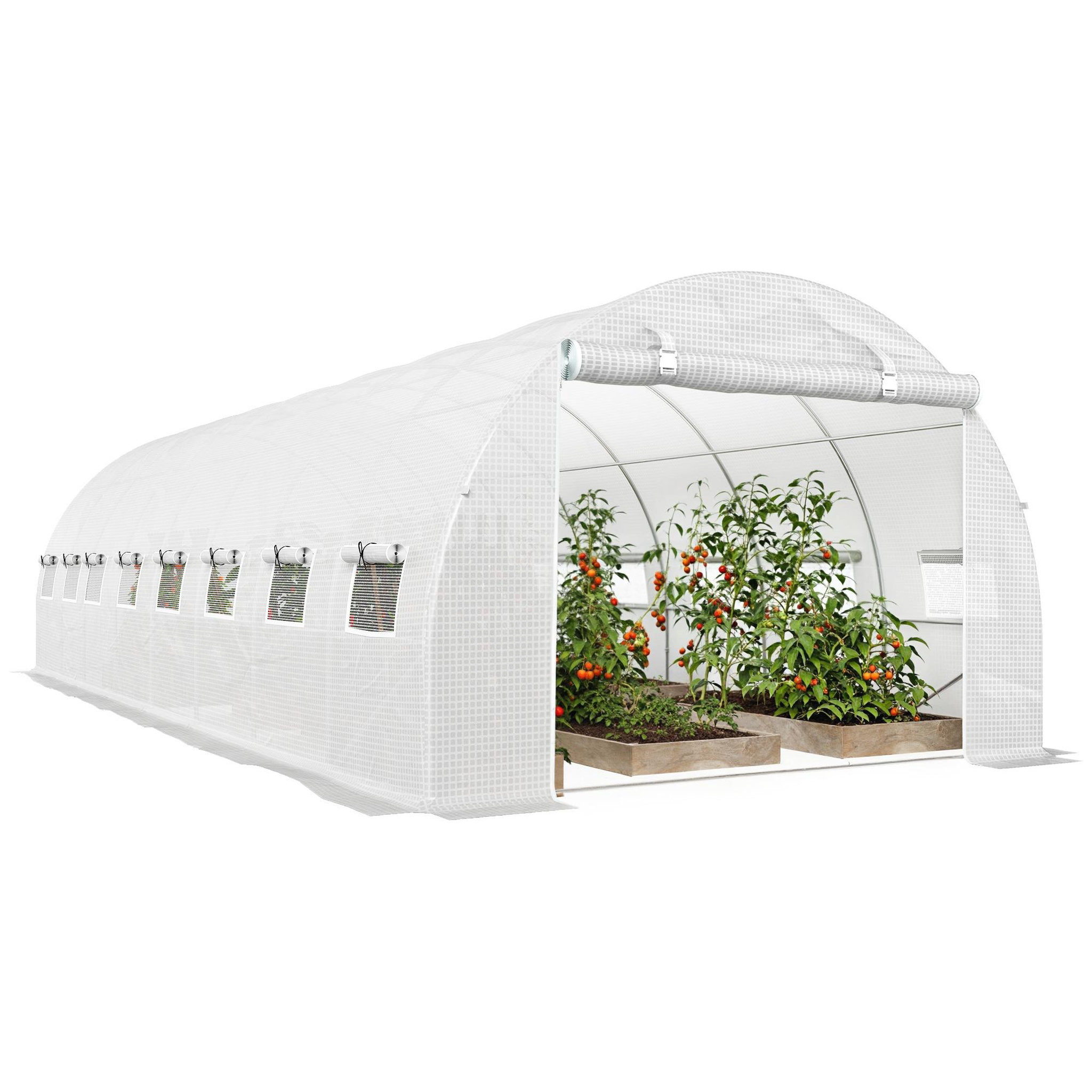 OUTSUNNY Serre tunnel 24m² dim. 8l x 3l x 2h m - 16 fenêtres, porte zippée - acier galvanisé pe haute densité blanc