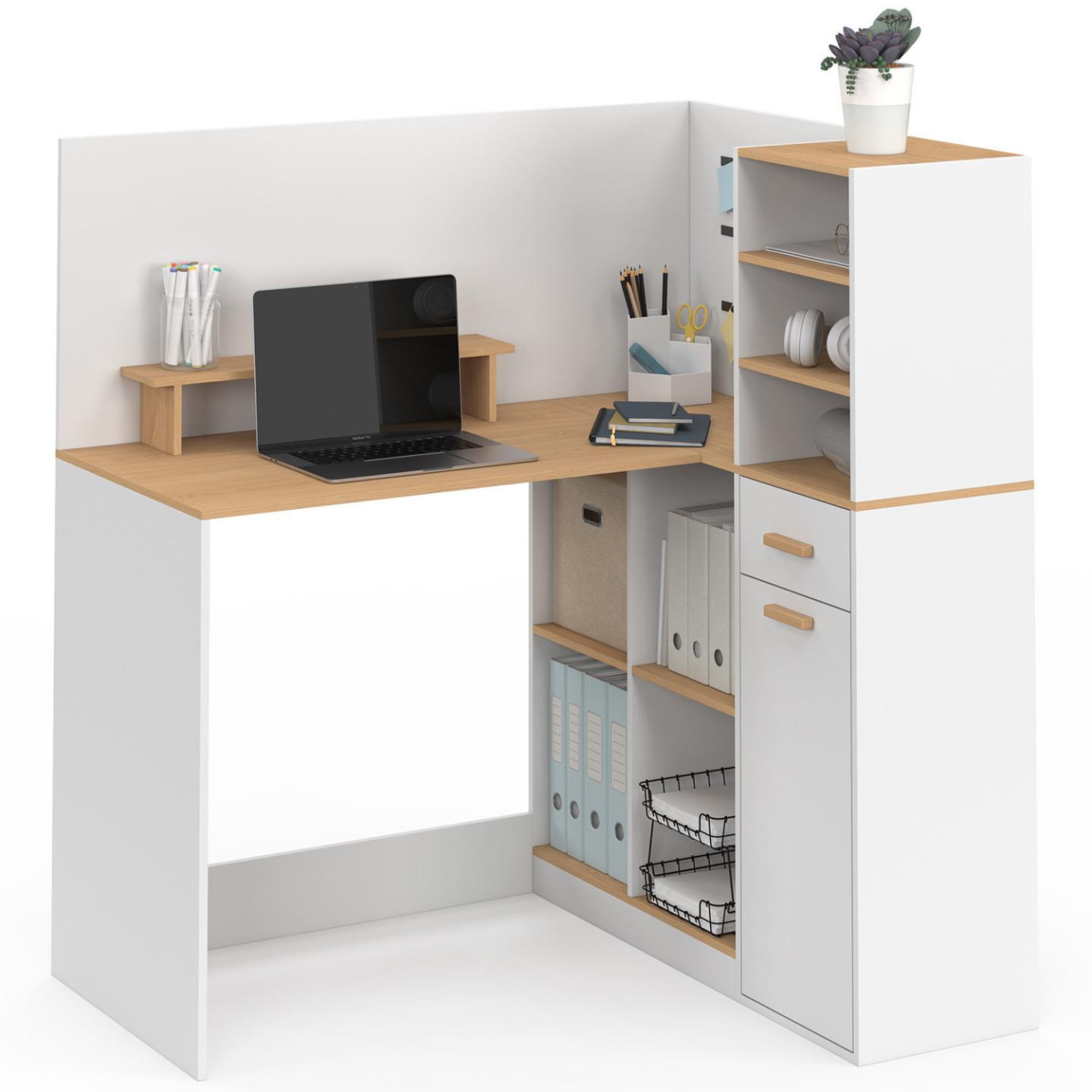 ID MARKET Bureau d'angle CHARLES 1 porte, niches et tiroir avec support écran blanc et bois façon hêtre