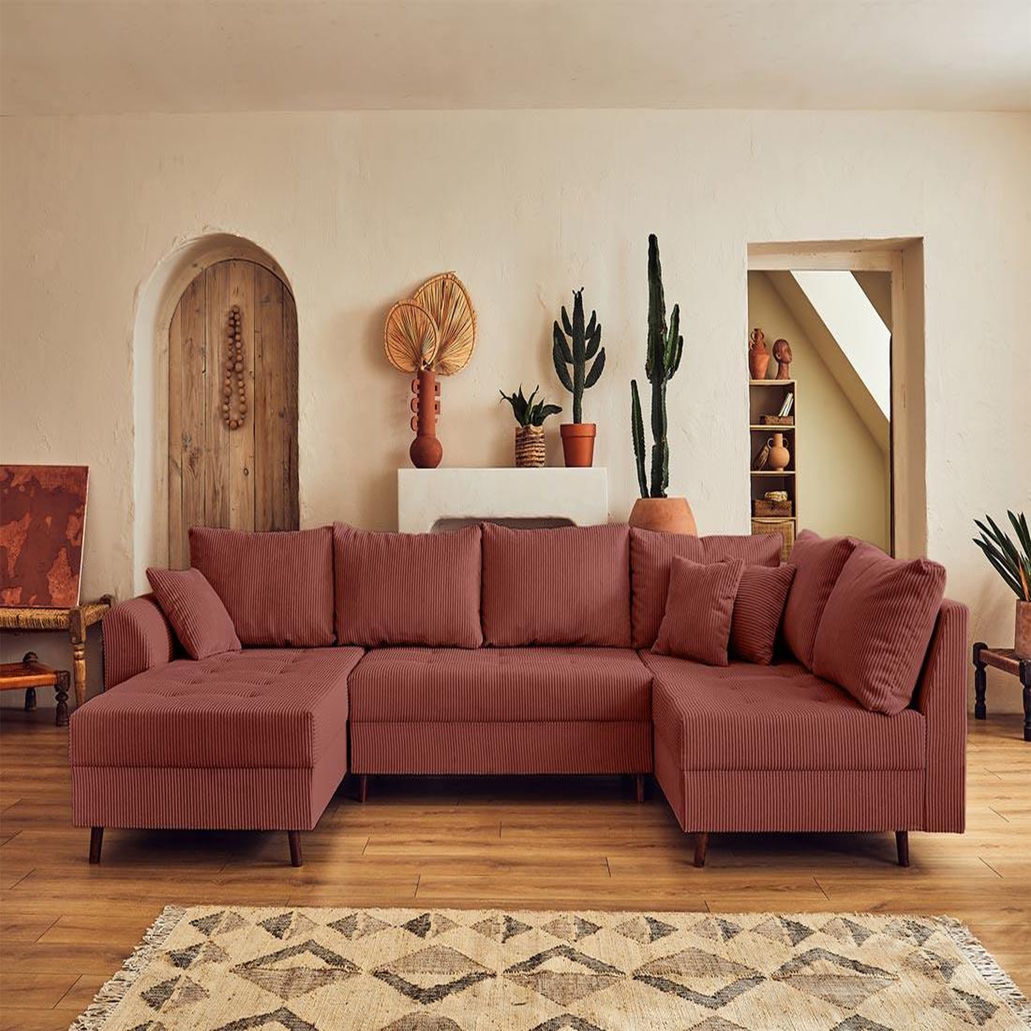 Voir la diapositive 5 : BEST MOBILIER Rune - canapé panoramique d'angle droit - 7 places - avec pouf d'appoint - en velours côtelé