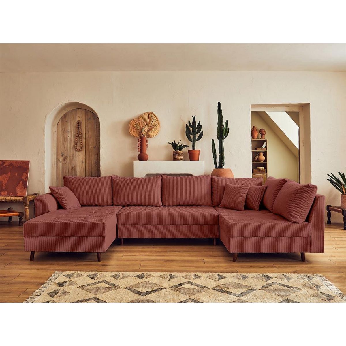 LISA DESIGN Rune - canapé panoramique d'angle droit - 7 places - avec pouf d'appoint - en velours côtelé