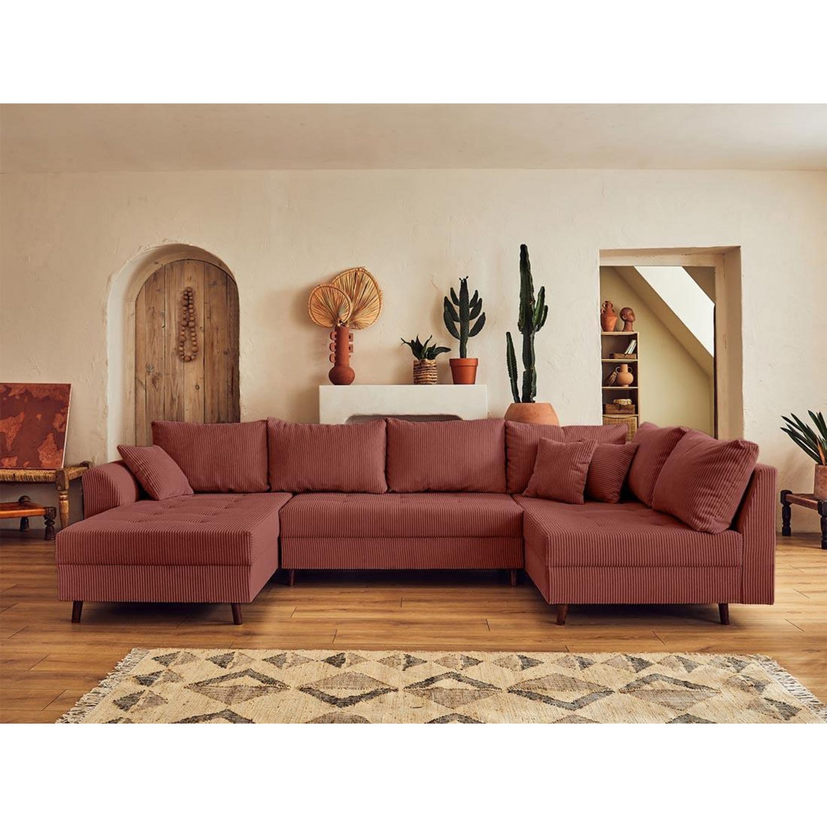 LISA DESIGN Rune - canapé panoramique d'angle droit - 7 places - avec pouf d'appoint - en velours côtelé