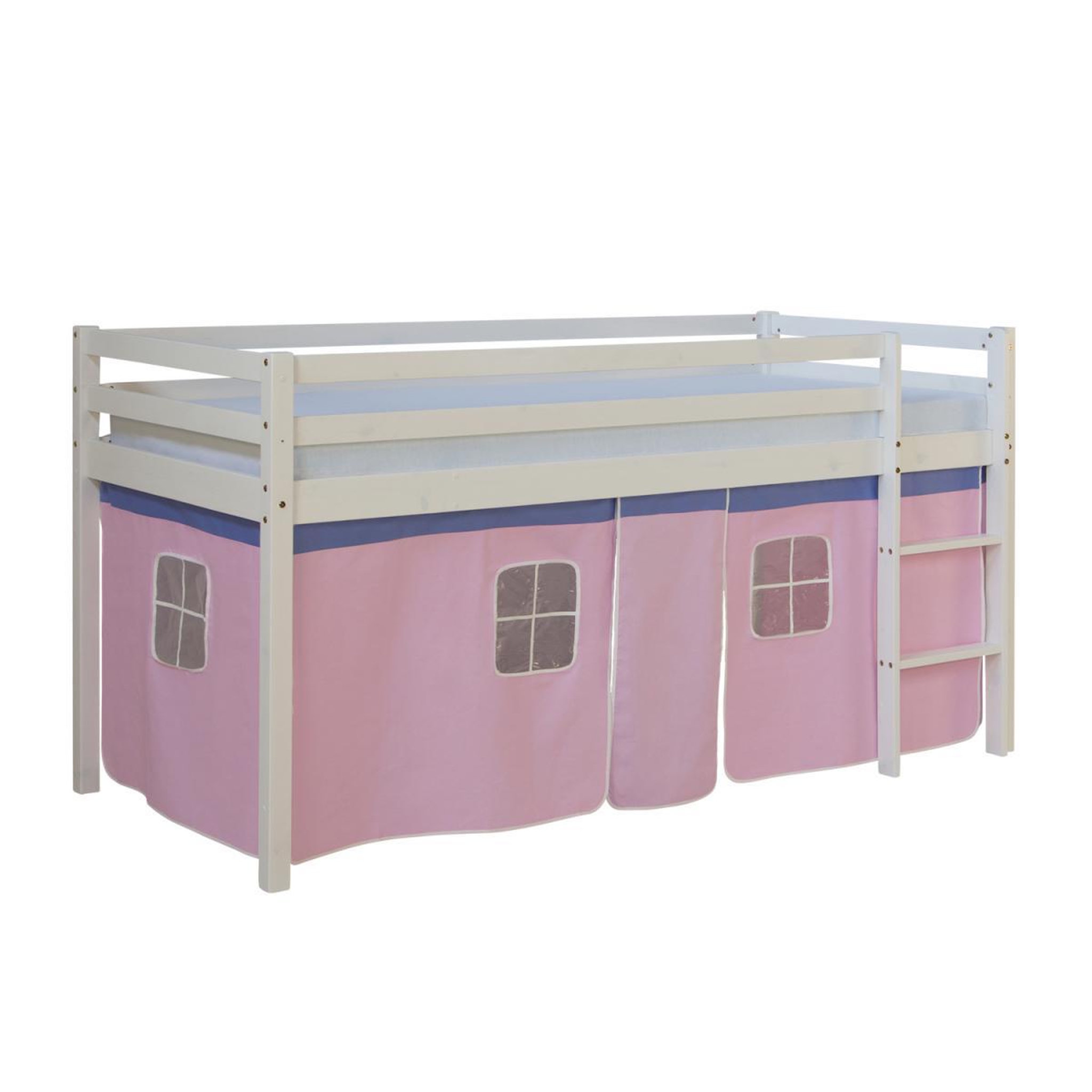 Voir la diapositive 3 : HomeStyle4U Lit Simple Blanc 90x200 en hauteur avec echelle et rideau rose