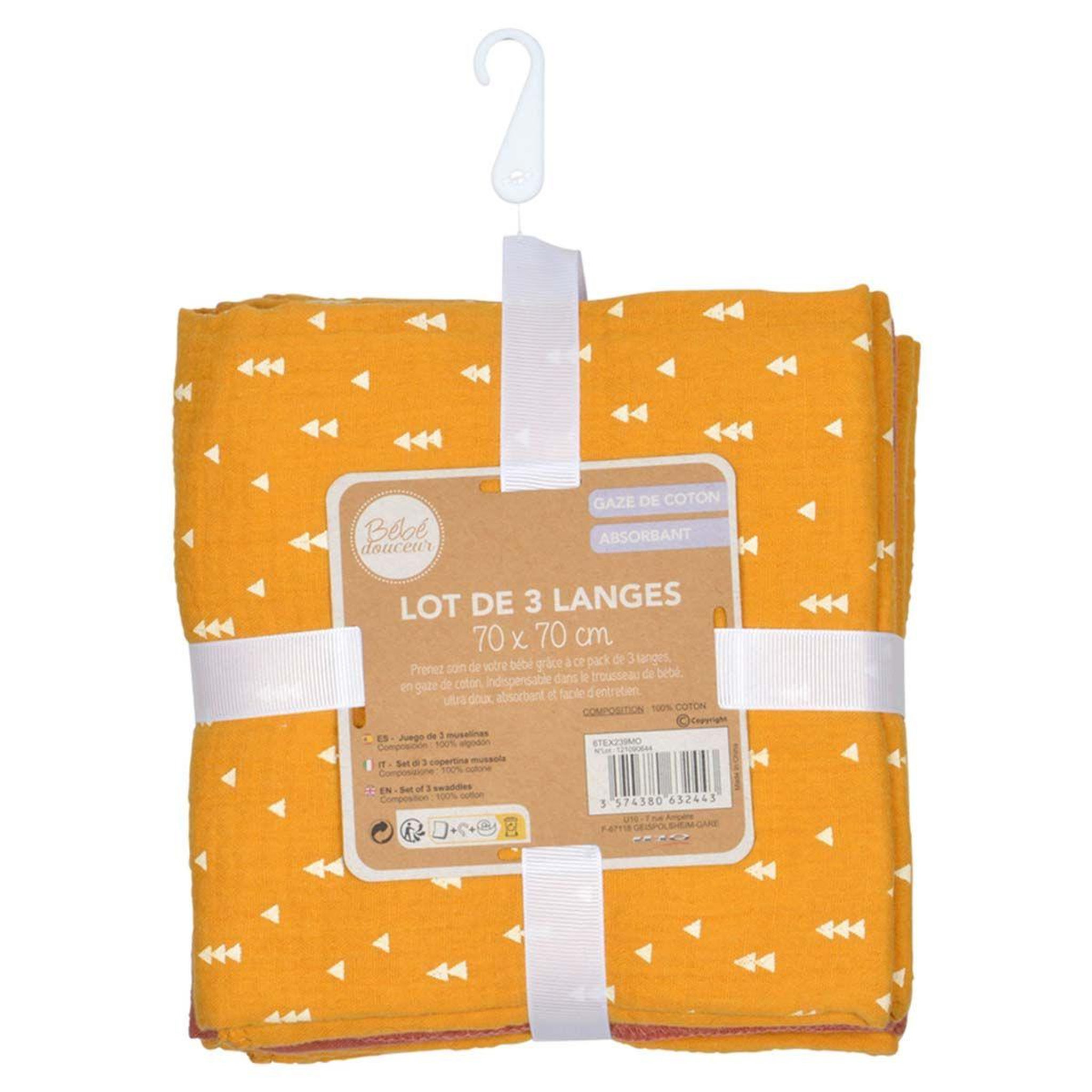 Voir la diapositive 5 : BEBE DOUCEUR Lot de 3 langes bébé  absorbant  70x70cm moutarde