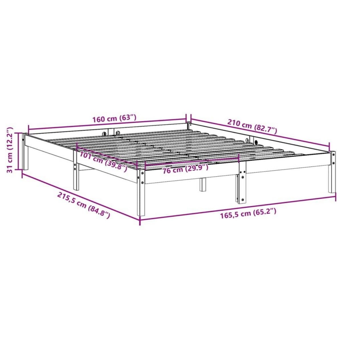 VIDAXL Cadre de lit extra long sans matelas 160x210 cm bois massif pin
