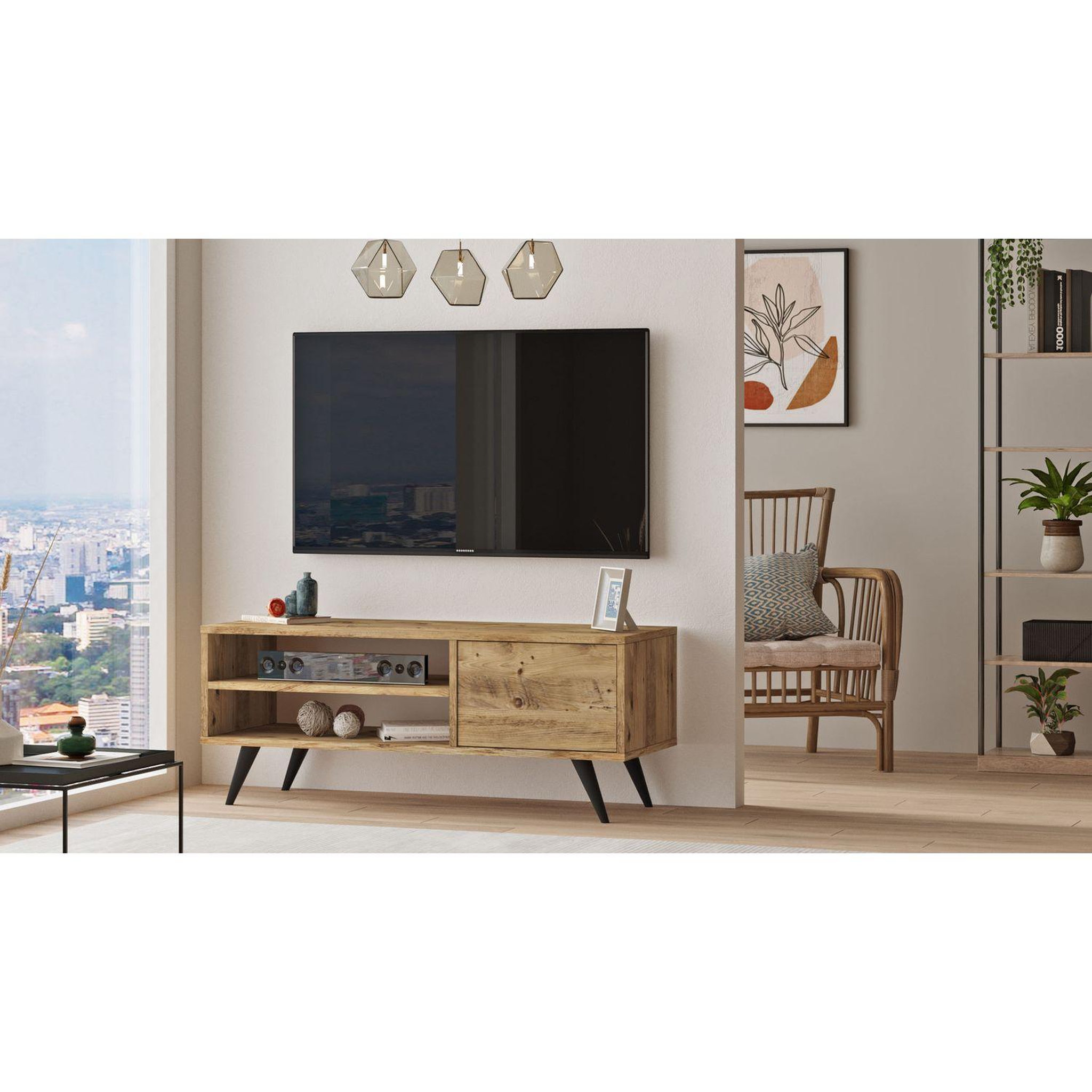 Voir la diapositive 6 : TOILINUX Meuble tv avec 2 niches de rangement ouvertes et une porte abattante en panneaux de particule