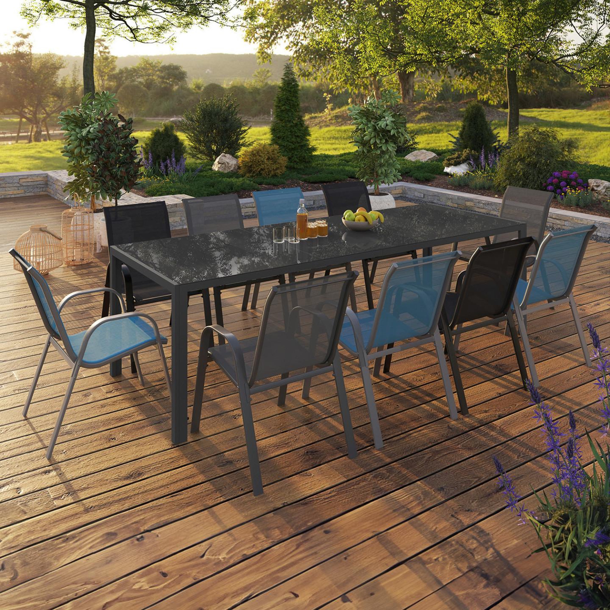 Voir la diapositive 2 : ID MARKET Salon de jardin madrid table 240 cm et 10 chaises empilables mix color bleu, gris et noir