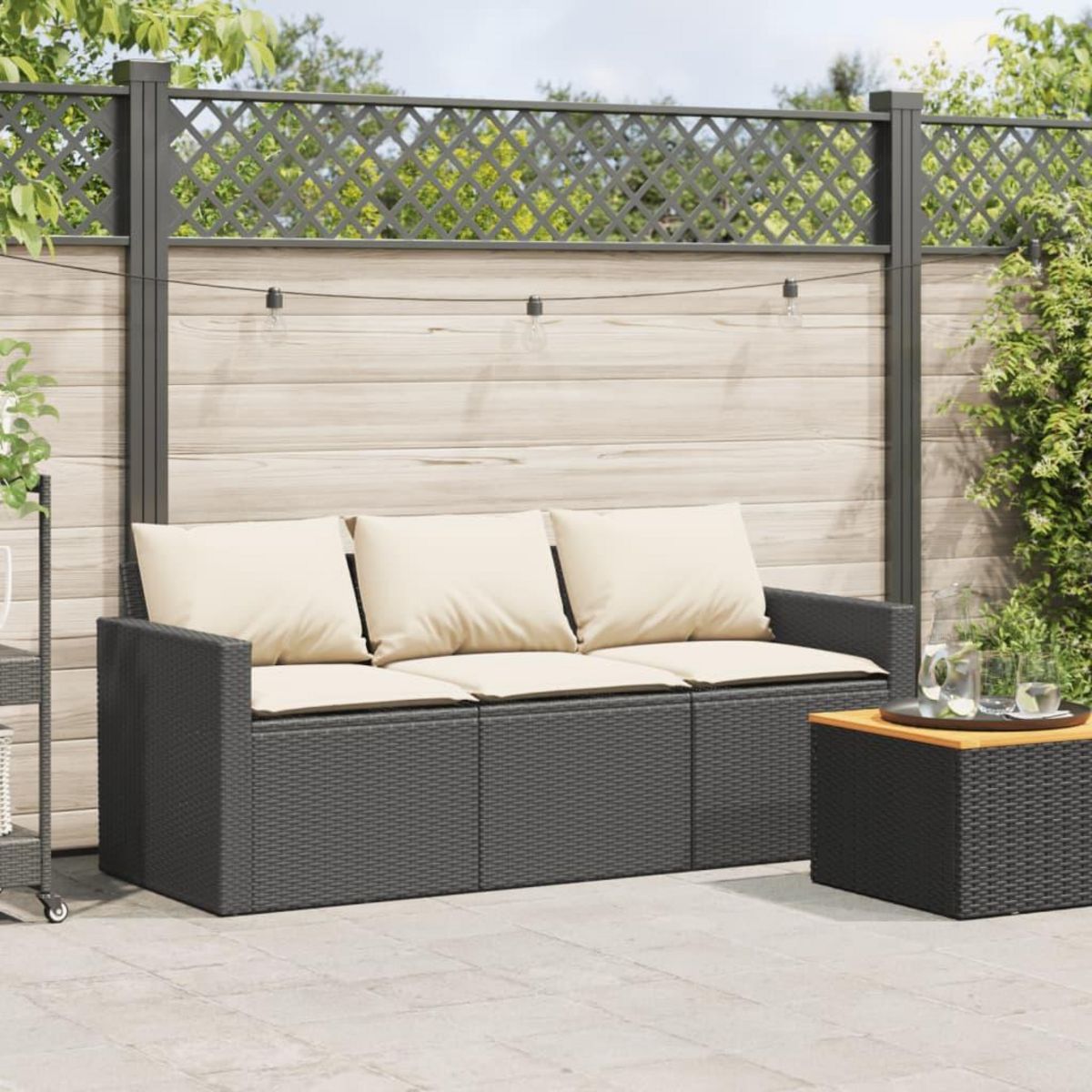 VIDAXL Canape de jardin avec coussins 3 places noir resine tressee