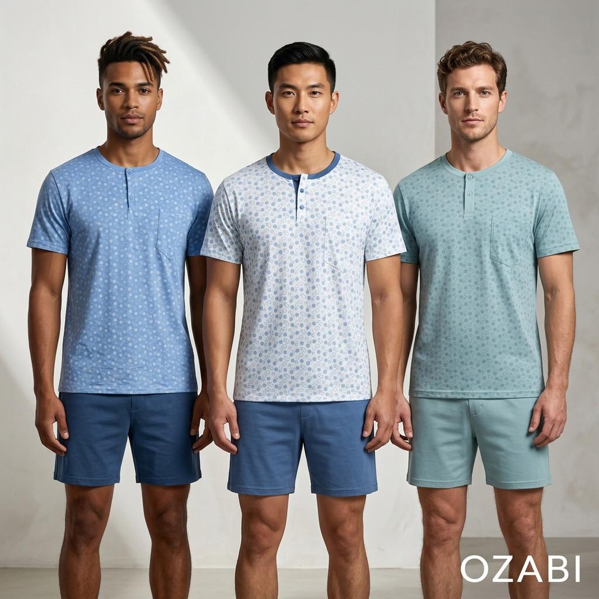 Voir la diapositive 2 : OZABI OZABI Pack 3 Pyjamas Courts Homme Coton Majoritaire, Col Bouton