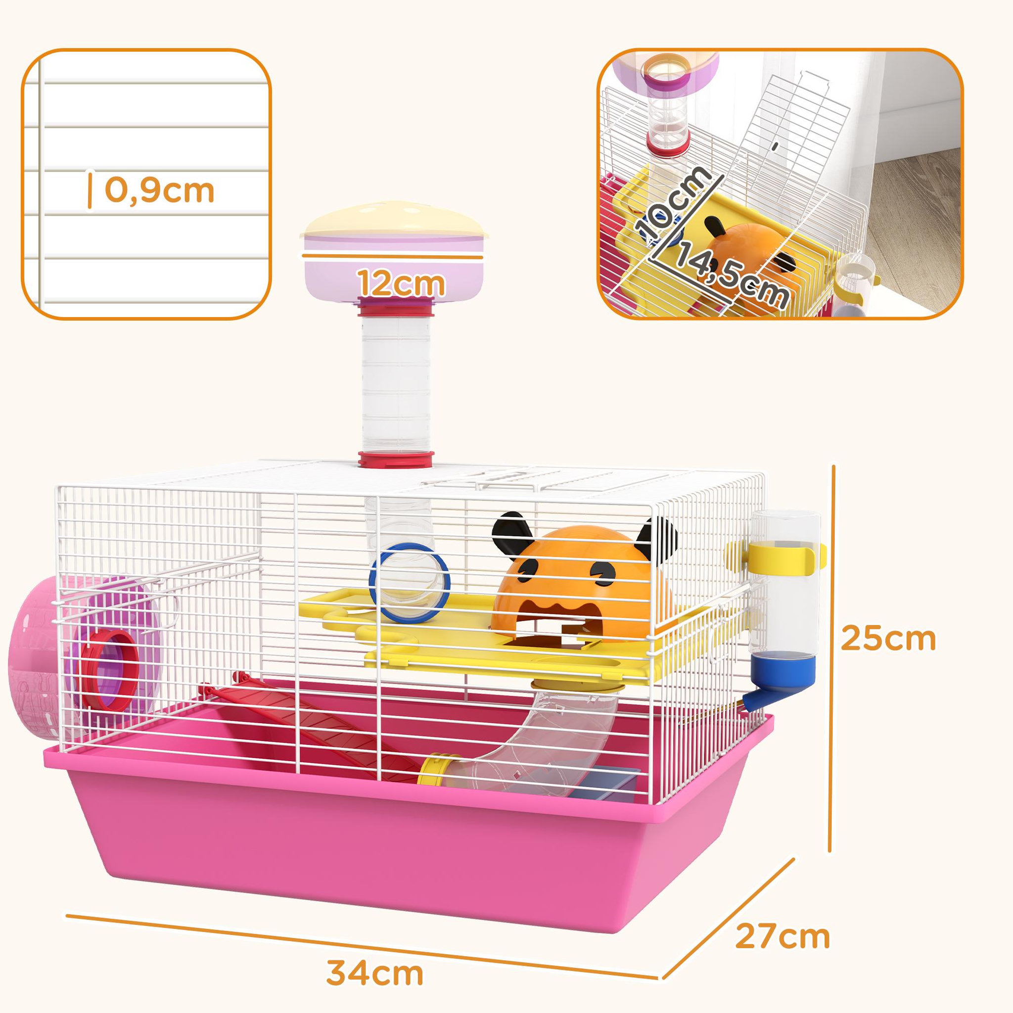 Voir la diapositive 3 : PAWHUT Cage à hamster rat rongeur - plateforme, biberon eau, roue, maisonnette, tubes - acier blanc PP rose