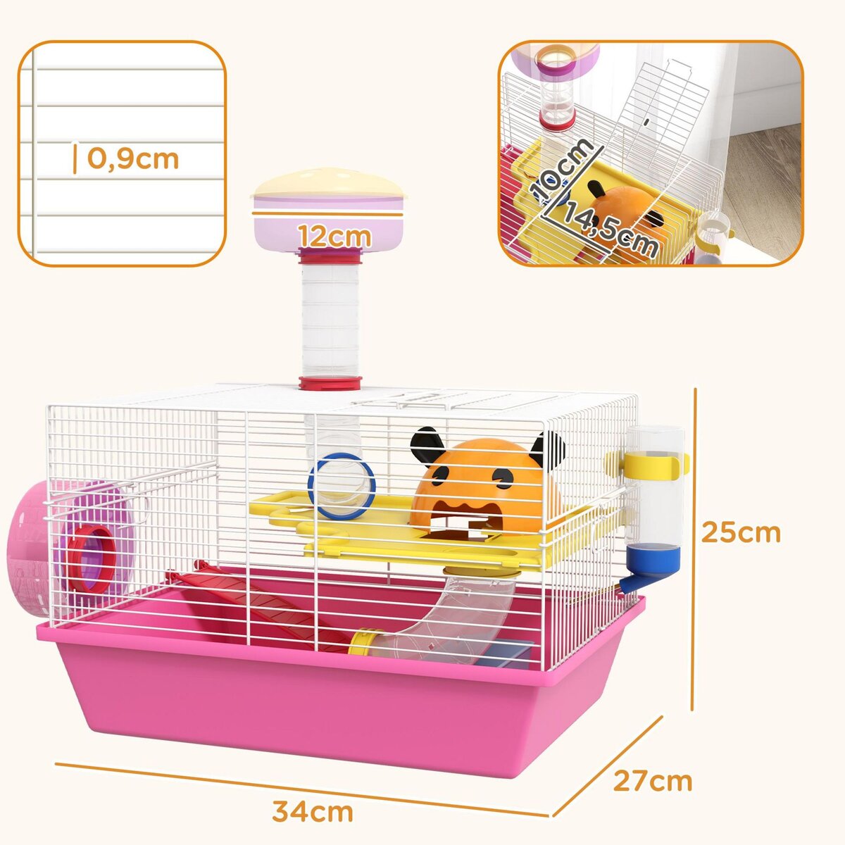 PAWHUT Cage à hamster rat rongeur - plateforme, biberon eau, roue, maisonnette, tubes - acier blanc PP rose