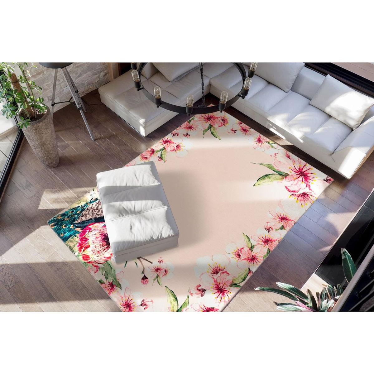 Paris Prix Tapis Imprimé Fleuri à Poils Courts  Blossom  Crème