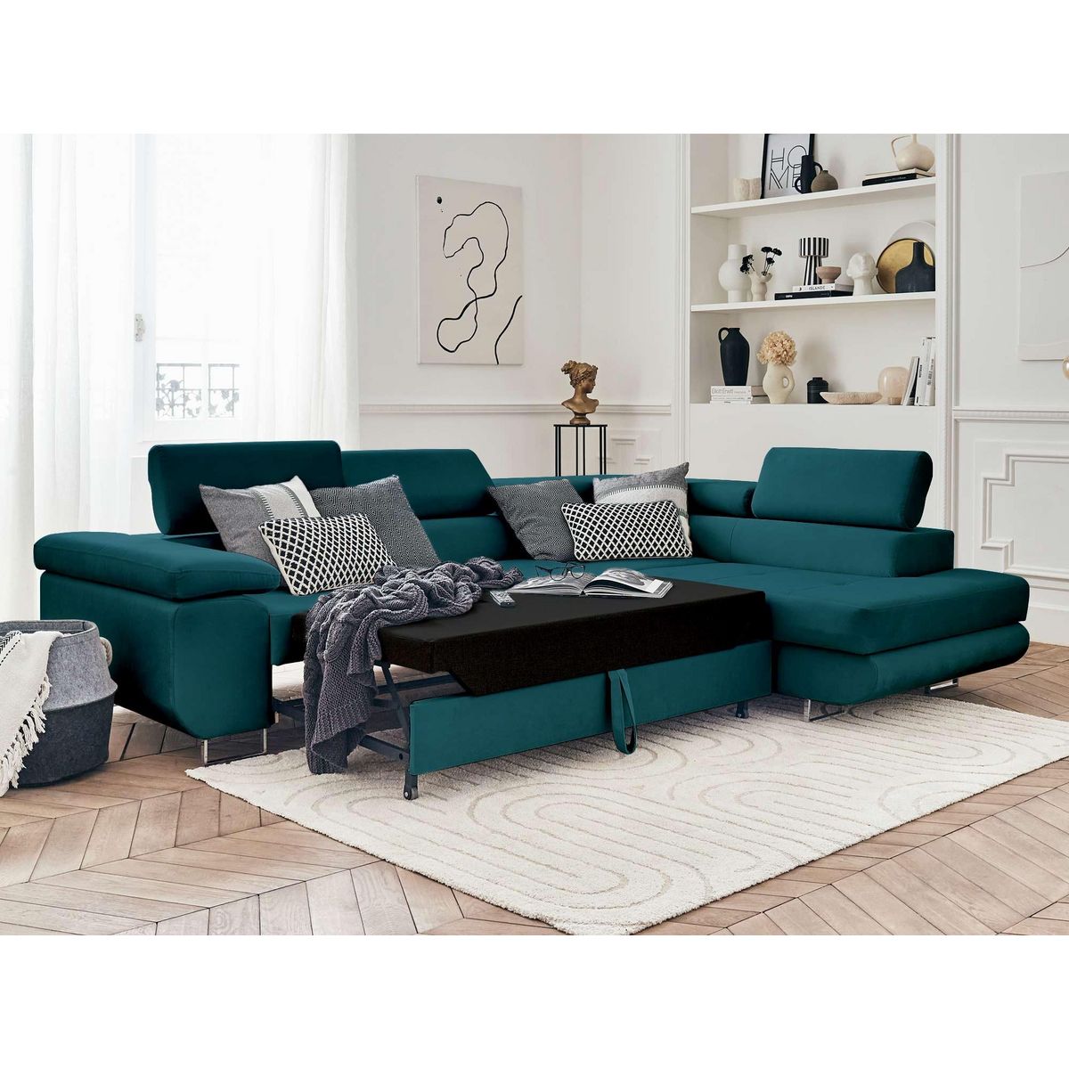 BEST MOBILIER Pablo - canapé d'angle droit - 5 places - convertible avec coffre et têtières réglables - en velours