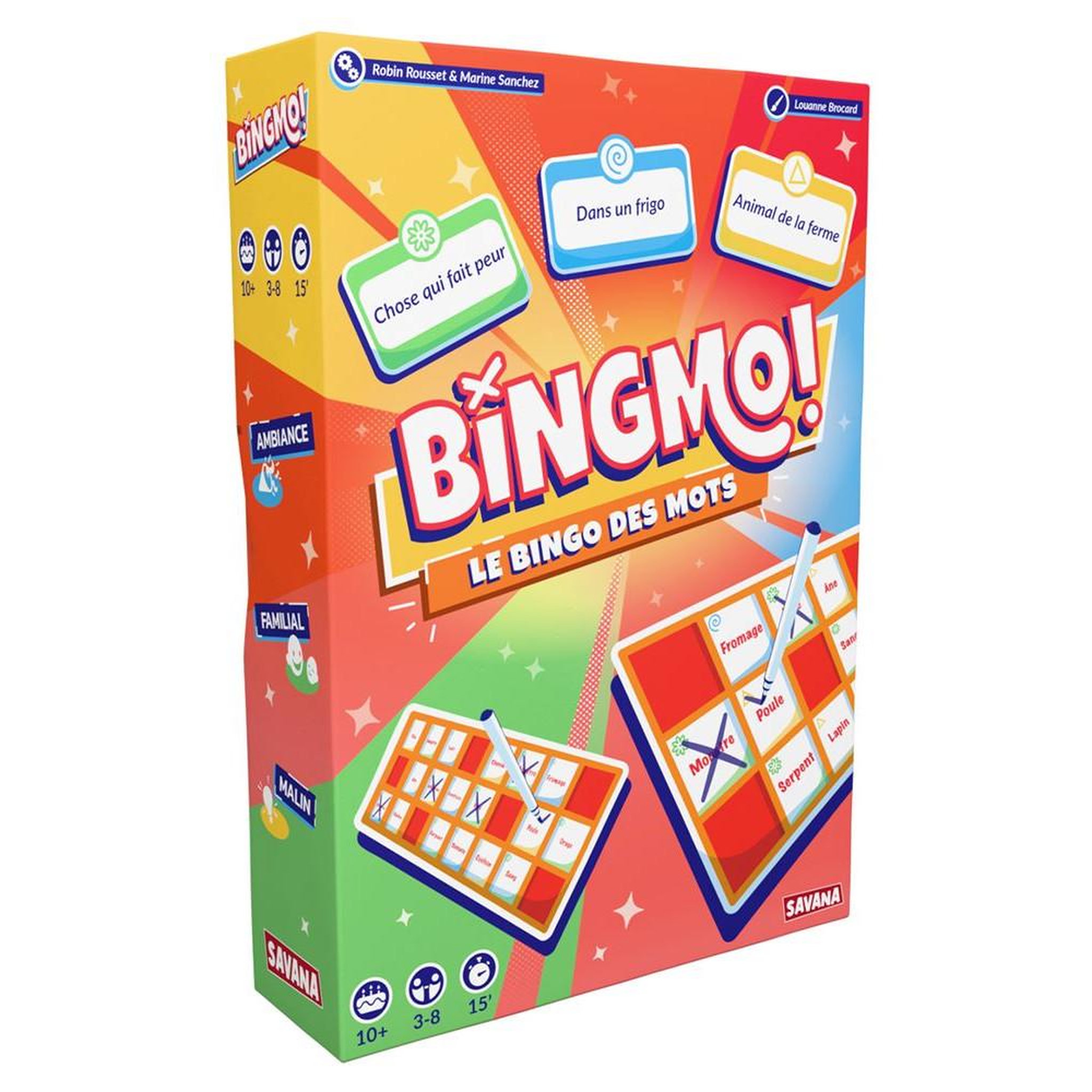 SAVANA Jeu de société de mots Bingmo Party Savana pour 3 à 8 joueurs, dès 10 ans, grille de 18 cases, jeu rapide de bingo