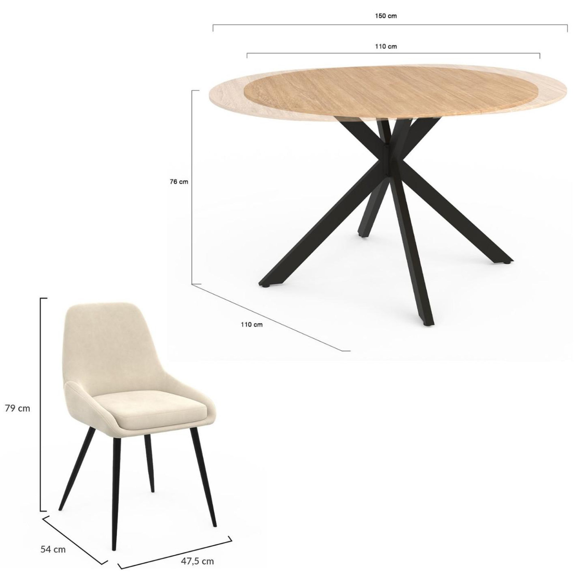 Voir la diapositive 6 : ID MARKET Ensemble table à manger extensible ronde alix bois et noir 110-150 cm et 4 chaises thalya velours beige