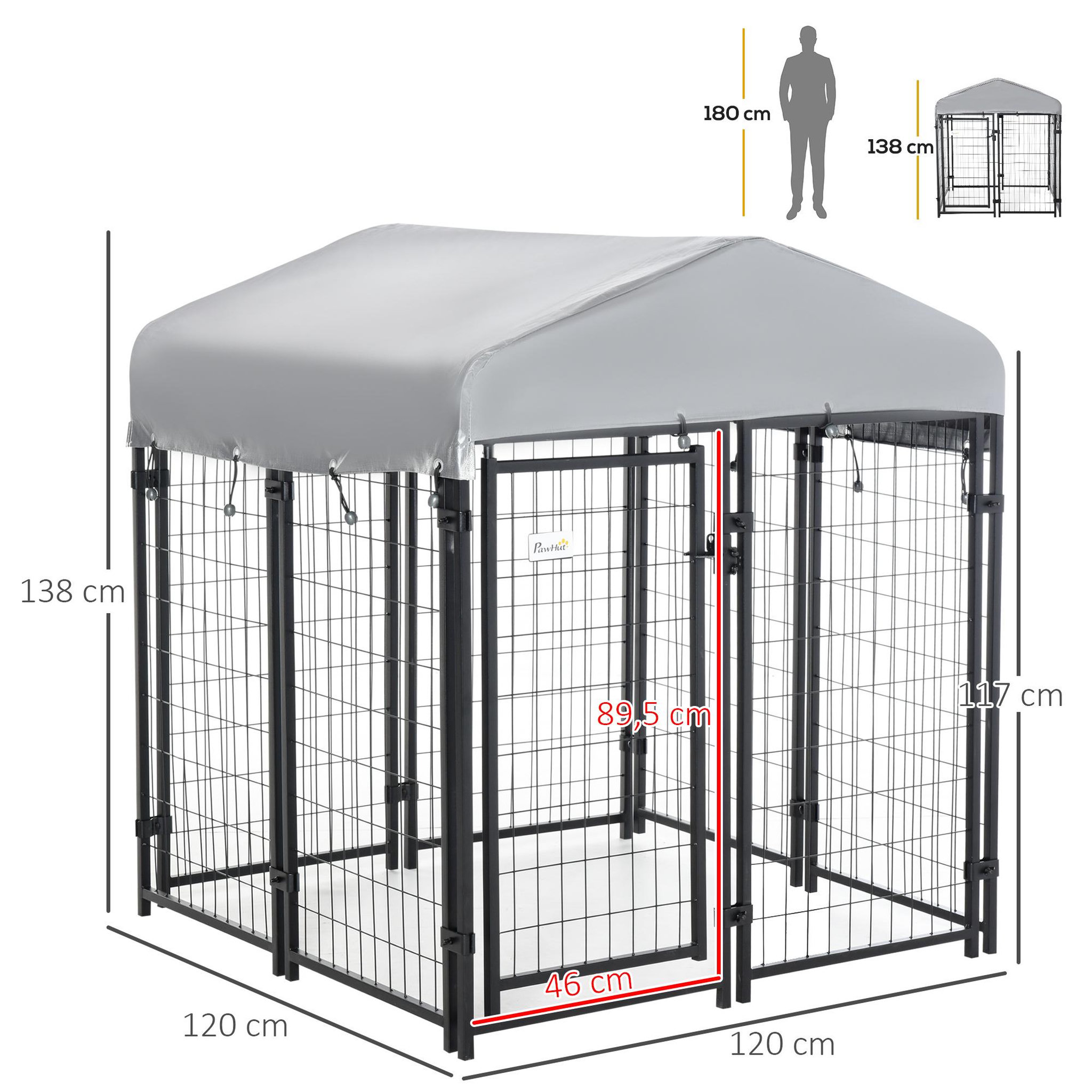 Voir la diapositive 3 : PAWHUT Chenil cage enclos chien entièrement couvert - porte verrouillable - 120 x 120 x 138cm - gris métal noir