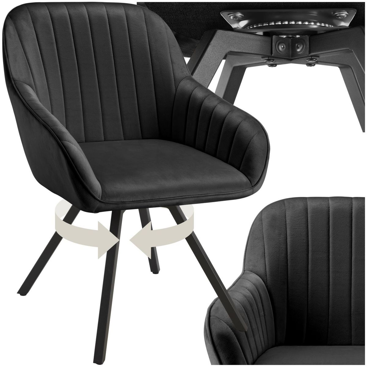 tectake Chaise pivotante avec accoudoirs rembourrée aspect velours noir