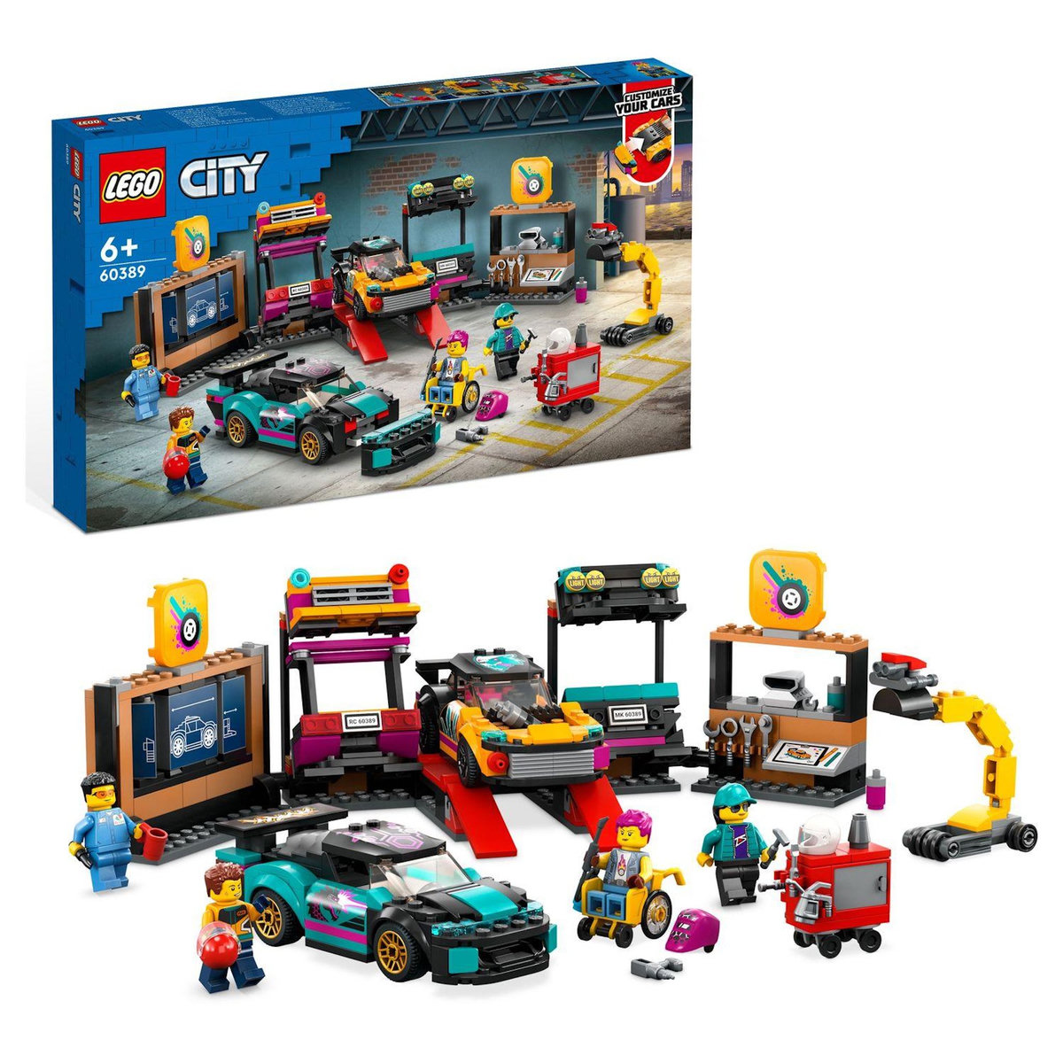 LEGO City 60389 Le garage de customisation, Jouet avec 2 Voitures, Atelier Automobile et 4 Minifigurines