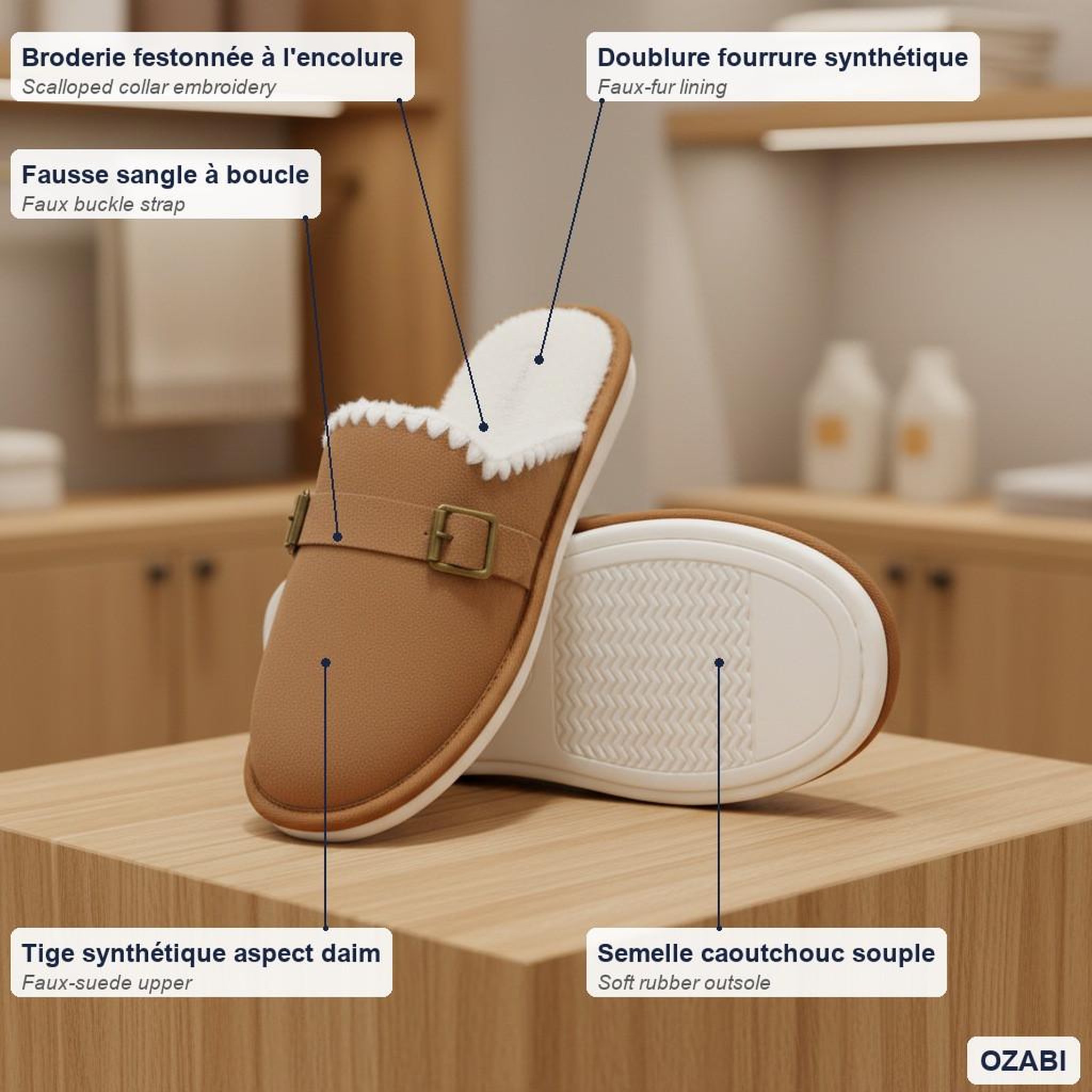 Voir la diapositive 4 : OZABI OZABI Mules Femme, Aspect Daim, Broderie Scandinave, Doublure Fourrure