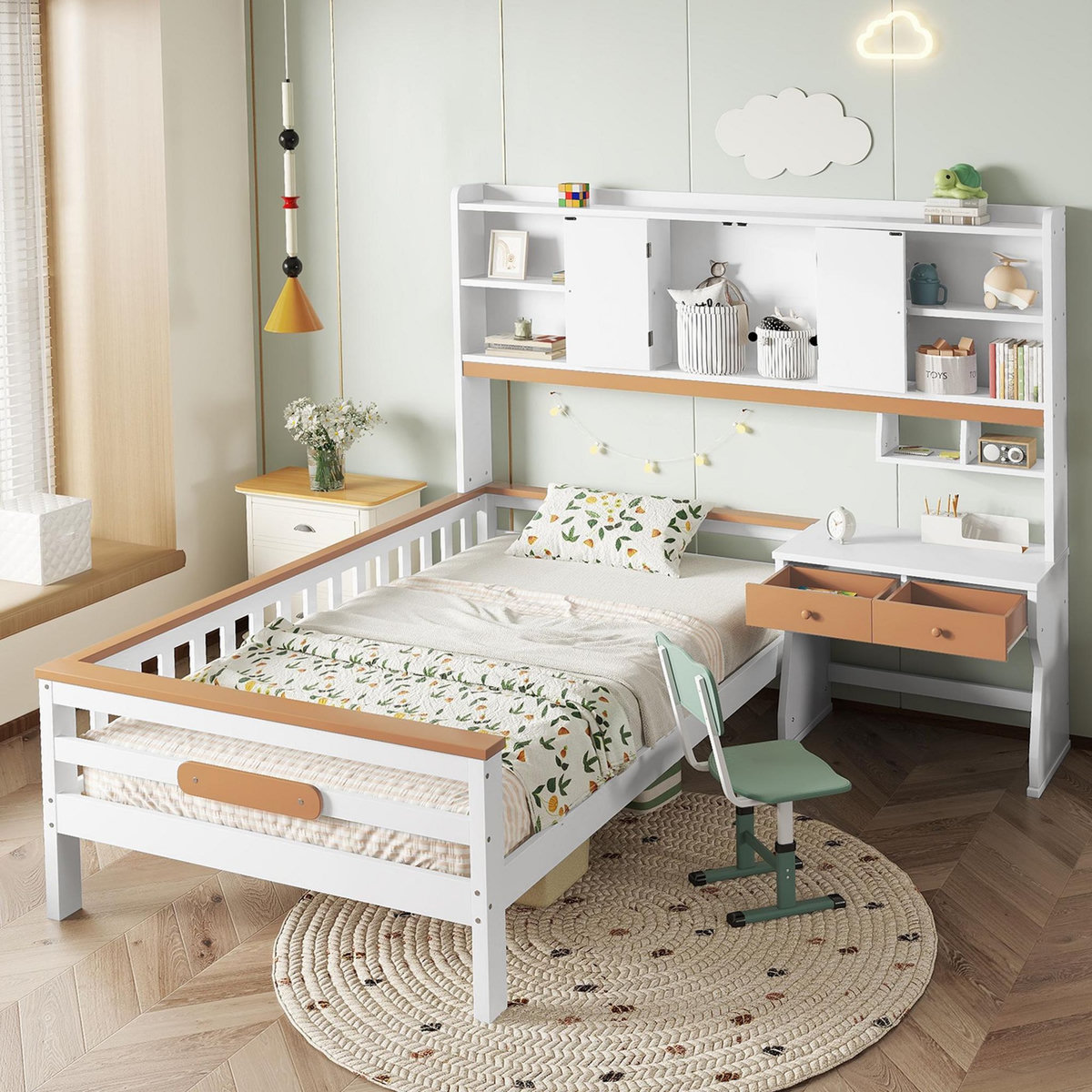 MERAX Lit avec rangement 90x200cm bois et mdf coloris blanc+naturel