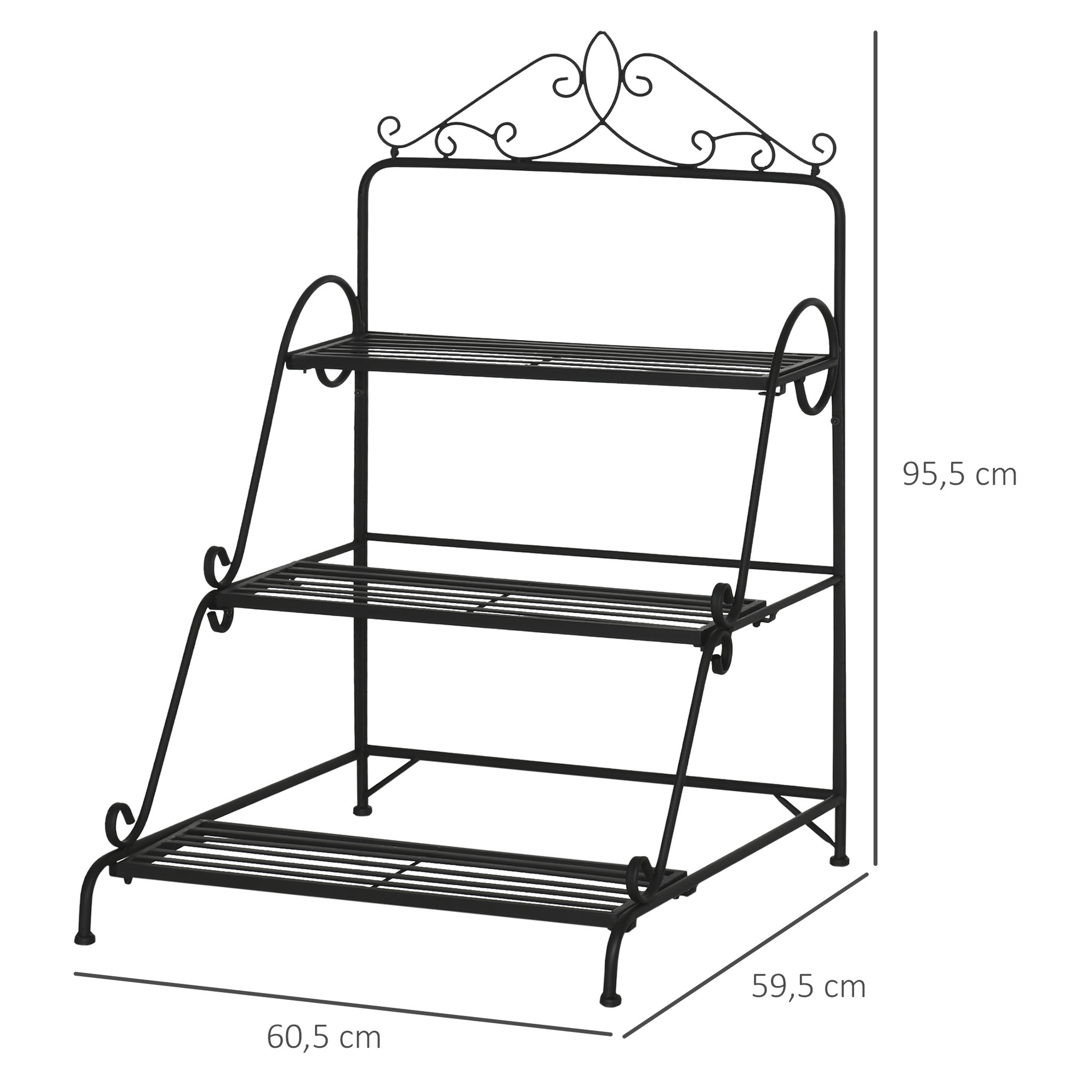 Voir la diapositive 3 : OUTSUNNY Support pour plantes présentoir avec étagères en métal 3 niveaux forme escalier intérieur/extérieur dim. 60,5L x 59,5l x 95,5H cm noir