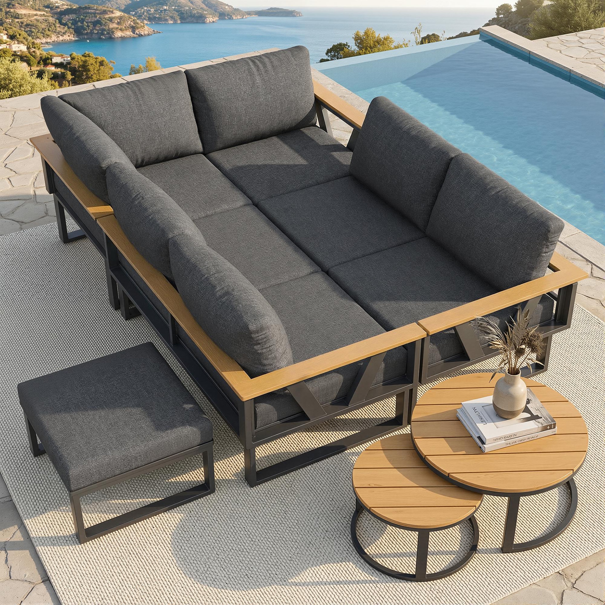 Voir la diapositive 4 : MERAX Salon de jardin 6 places en métal avec canapé d'angle, 2 tables basses en bois, fauteuils et coussins