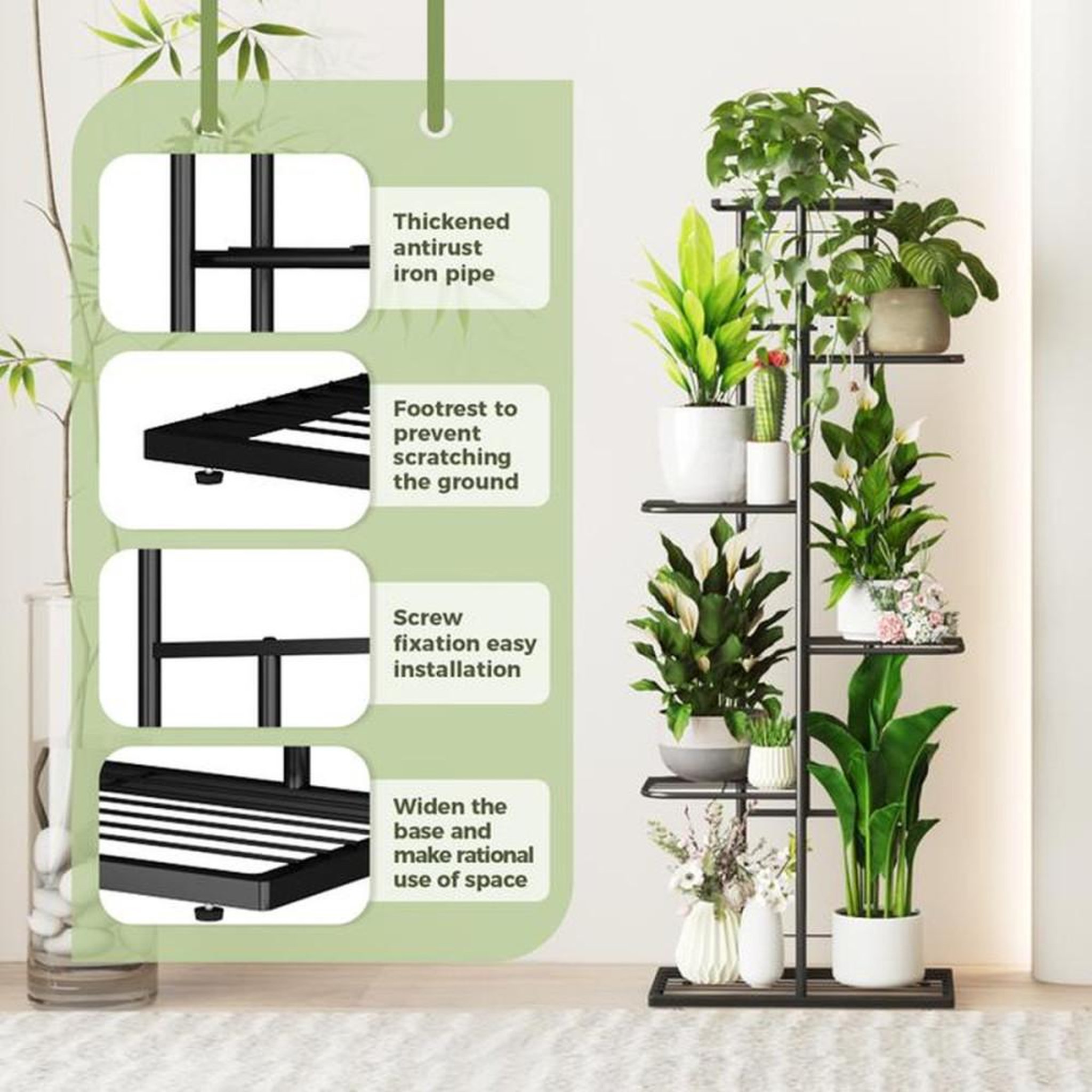 Voir la diapositive 5 : Porte-plantes 6 niveaux noir métal et bois, étagère d'intérieur/extérieur avec traitement anti-moisissure