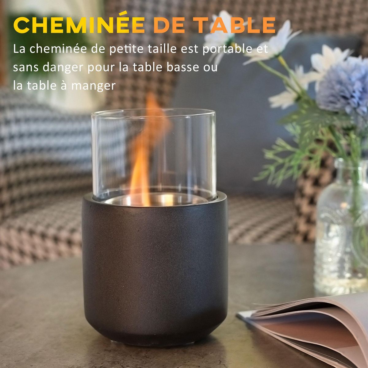 HOMCOM Cheminée portable à poser bioéthanol avec réservoir 0,4 L couverture 18 m² - design vase - dim. 12L x 12l x 19H cm