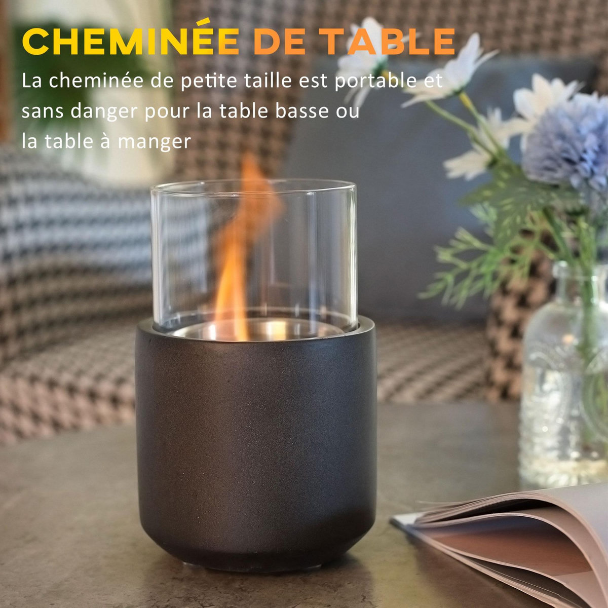 HOMCOM Cheminée portable à poser bioéthanol avec réservoir 0,4 L couverture 18 m² - design vase - dim. 12L x 12l x 19H cm