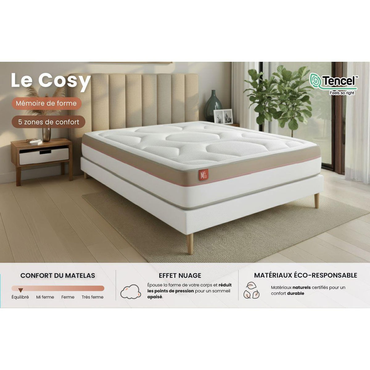 MARMOTTES&CO Ensemble LE COSY 160x200cm Mémoire de forme 7 zones de confort - Ep. 30cm + sommier Beige