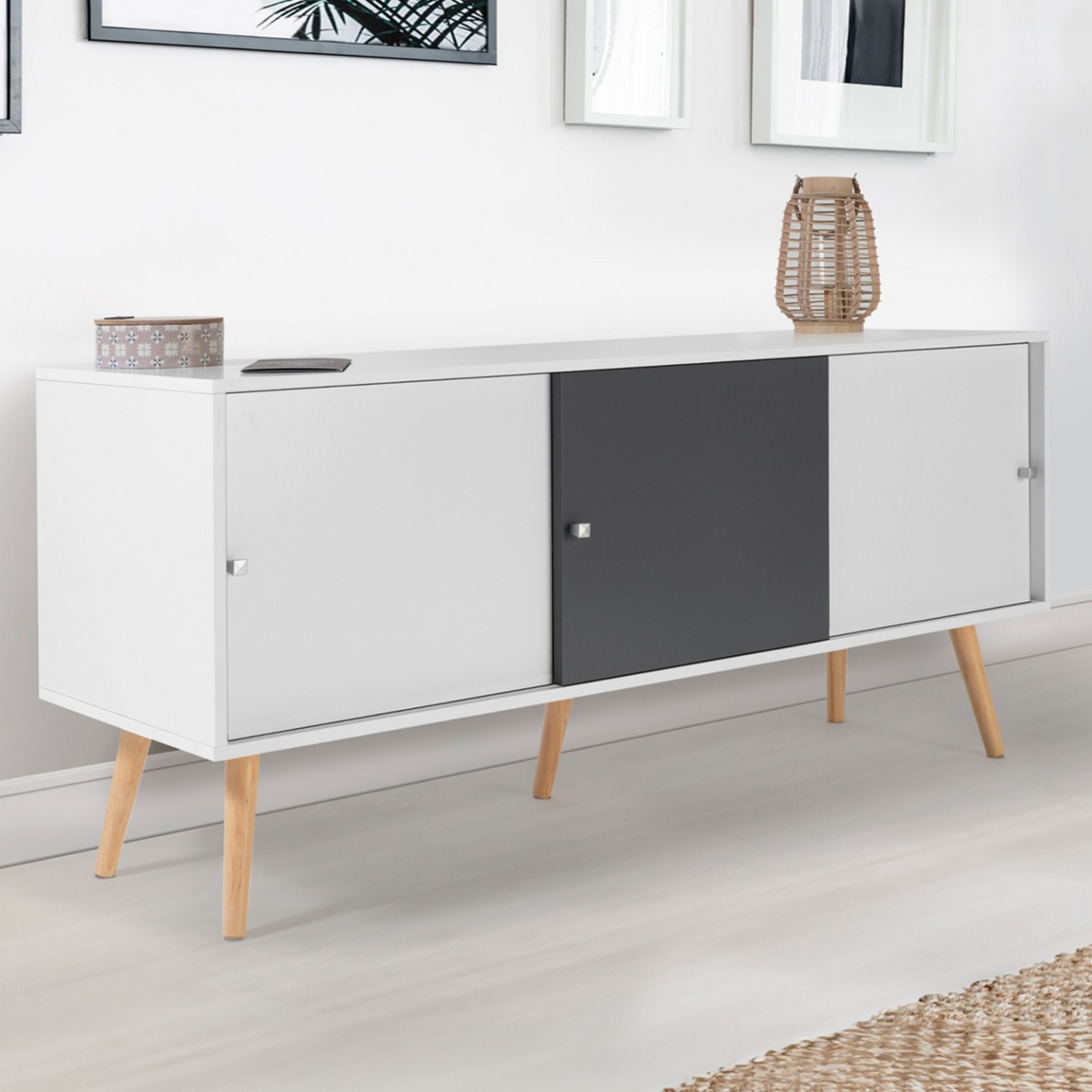 ID MARKET Buffet bas scandinave 135 cm EFFIE 3 portes bois blanc et gris