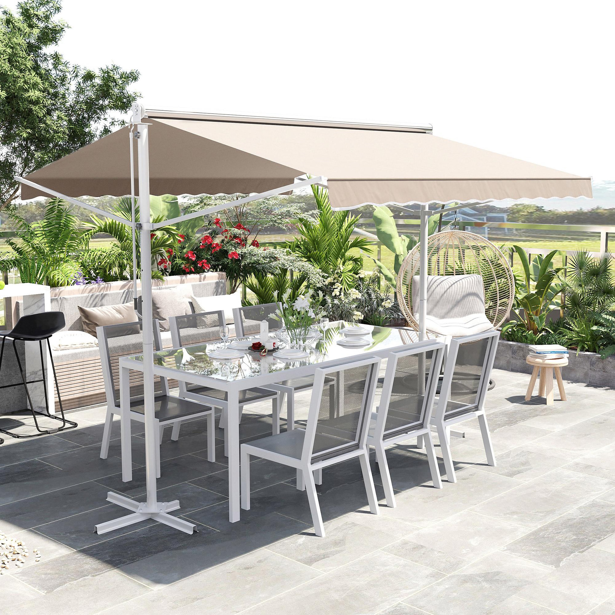 Voir la diapositive 2 : OUTSUNNY Store double pente manuel rétractable inclinaison réglable acier époxy blanc polyester imperméabilisé anti-UV beige dim. 3L x 2,95l x 2,6H m