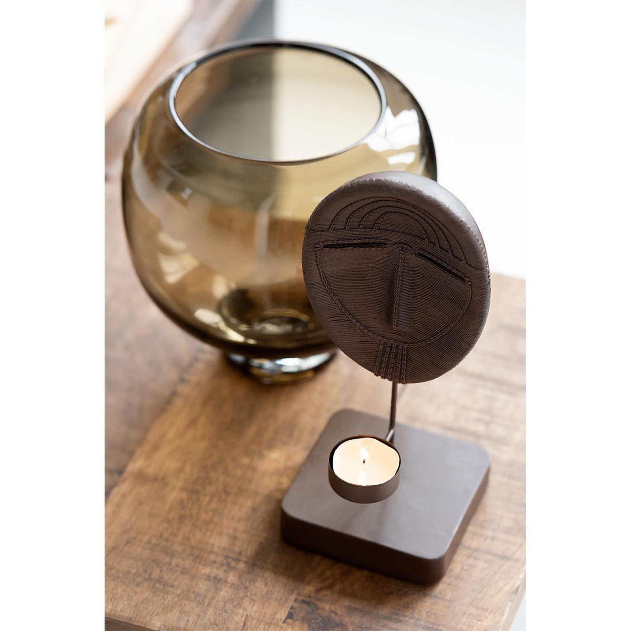 Voir la diapositive 2 : J-LINE Vase rond en verre  pied  14cm marron foncé