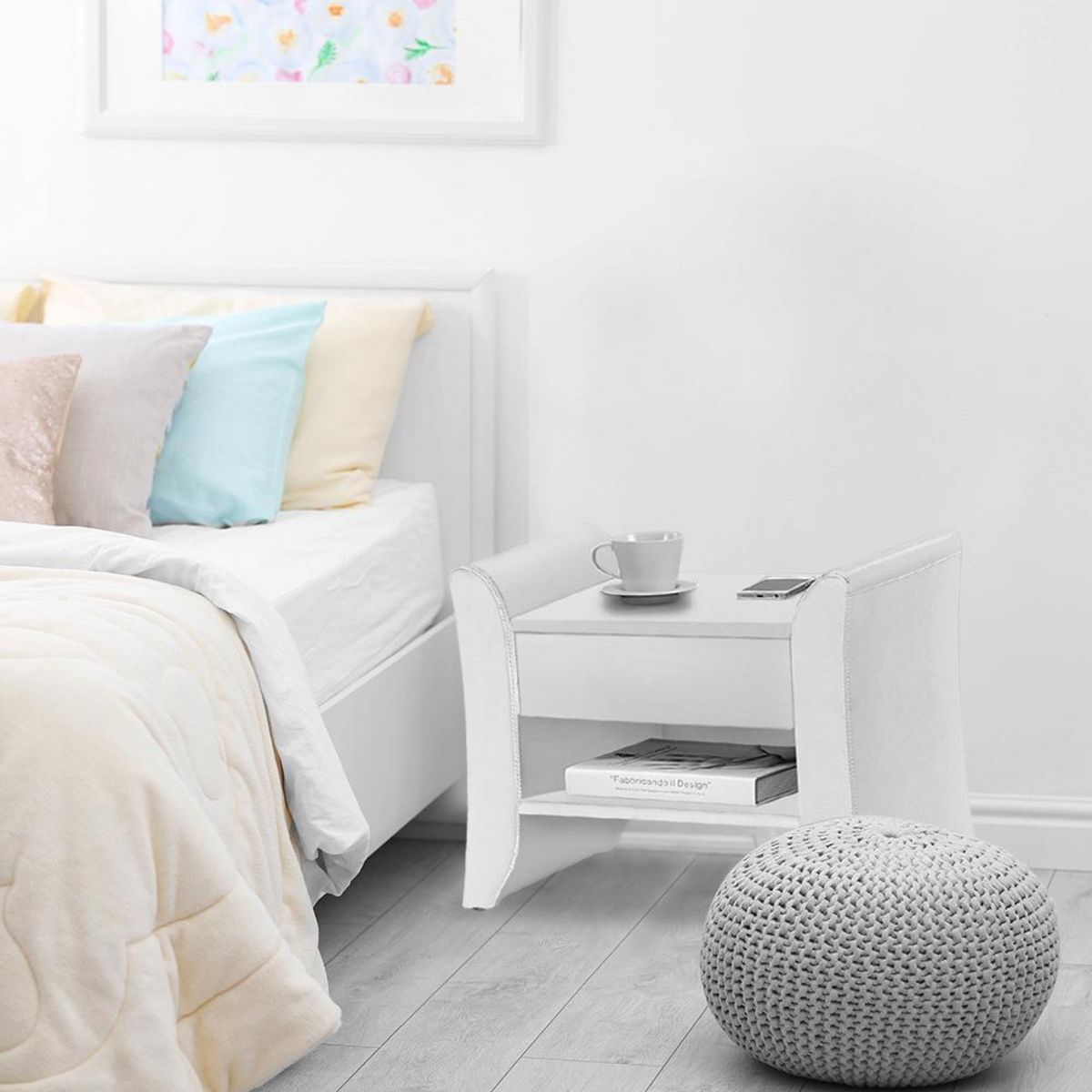 CONCEPT USINE Table de chevet en simili blanc avec 1 tiroir et 1 étagère LINDEN