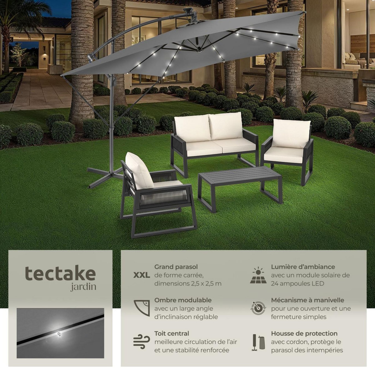 tectake Parasol 250 x 250 cm avec éclairage LED solaire gris clair