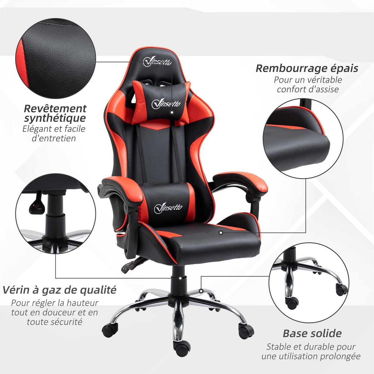 VINSETTO Fauteuil de bureau gamer style baquet racing - pivotant, inclinable - coussins tétière et lombaires inclus - revêtement PU rouge noir