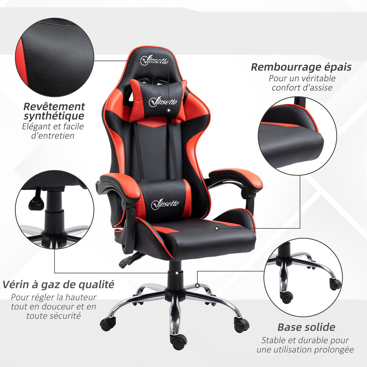 VINSETTO Fauteuil de bureau gamer style baquet racing - pivotant, inclinable - coussins tétière et lombaires inclus - revêtement PU rouge noir