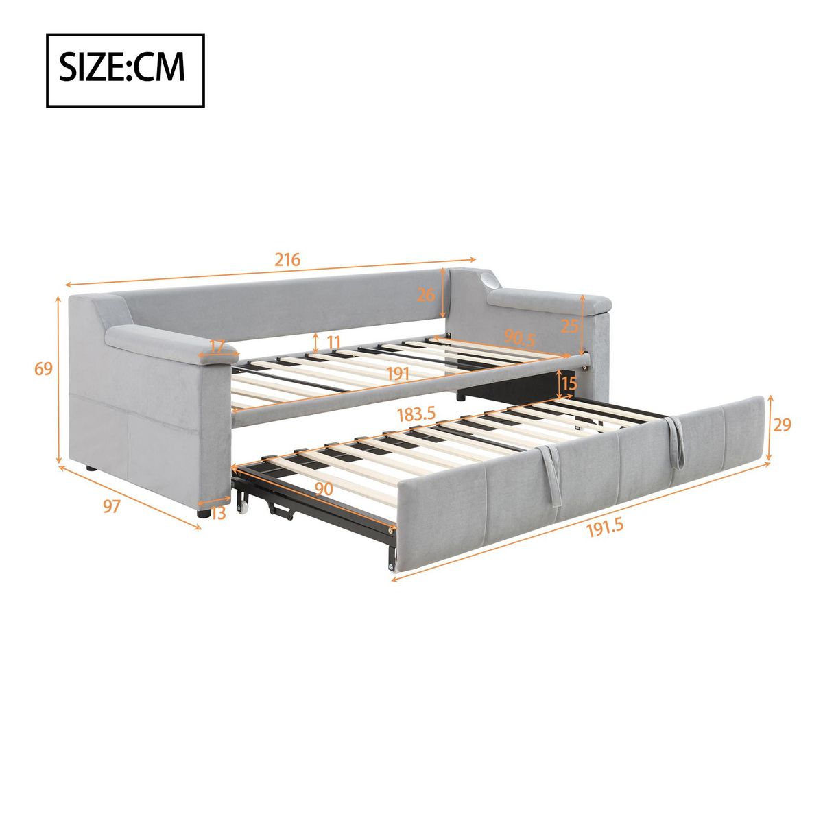 MERAX Lit banquette gigogne rembourré 90x190(180x190)cm