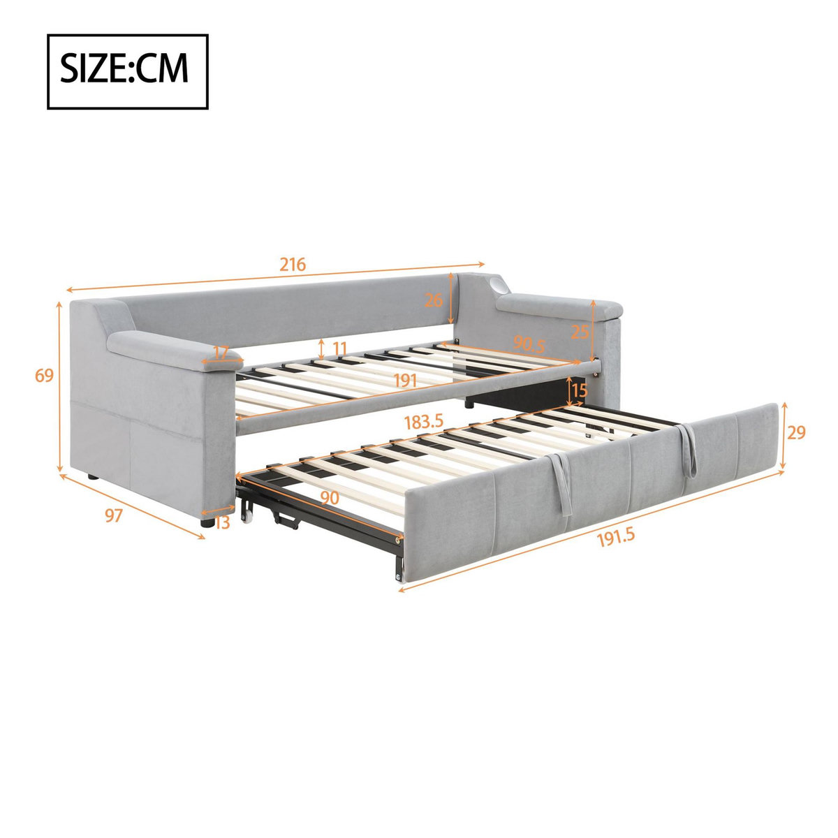 MERAX Lit banquette gigogne rembourré 90x190(180x190)cm