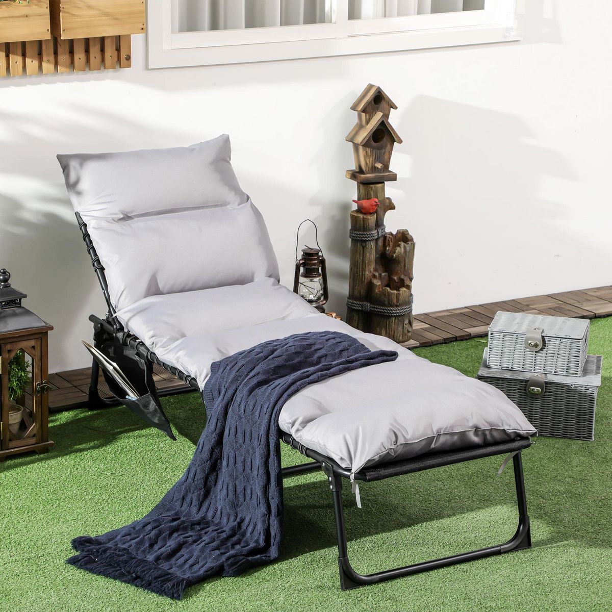 OUTSUNNY Bain de soleil transat pliable inclinable avec poignée, pochette rangement et matelas grand confort gris