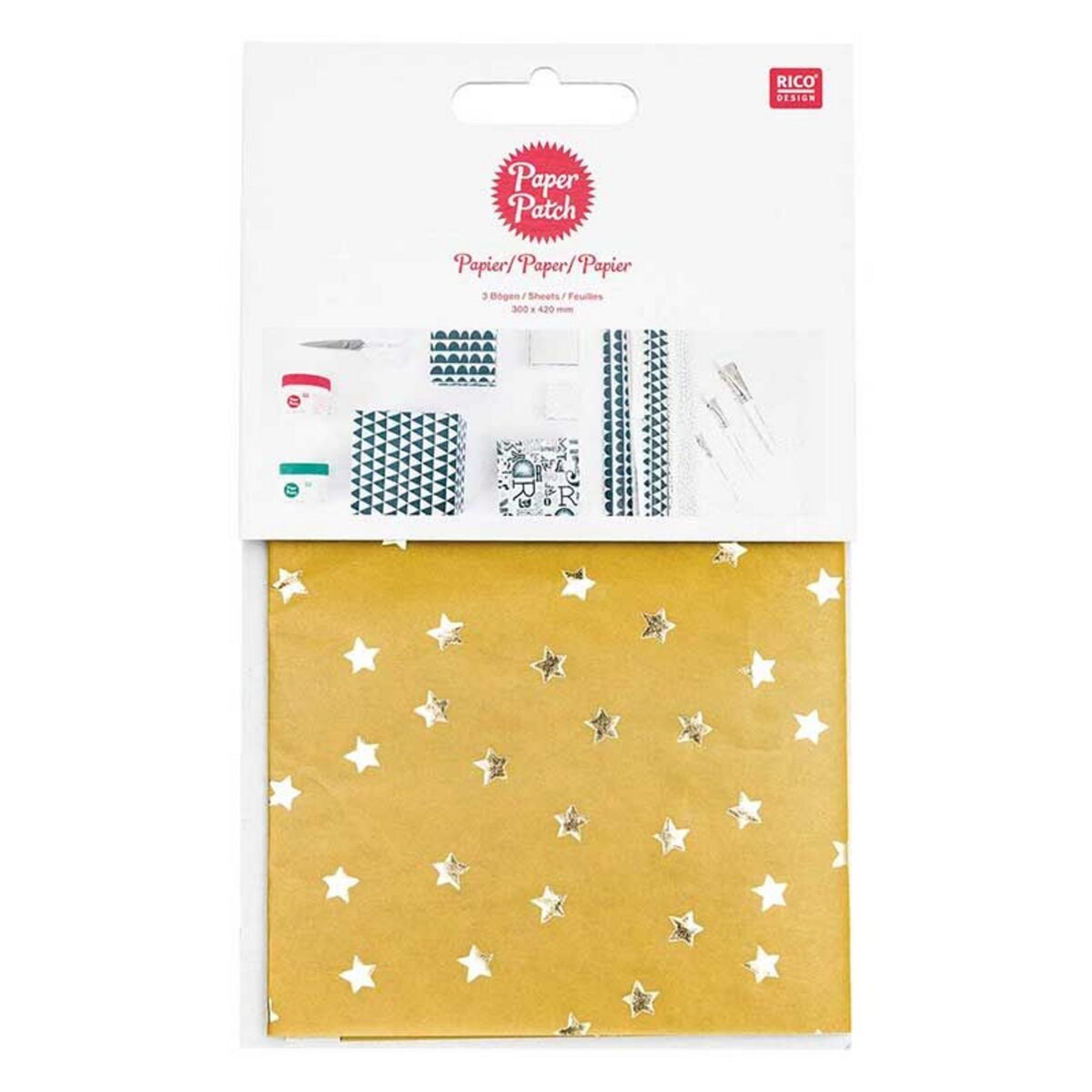RICO DESIGN Papier patch Jaune étoiles dorées 30 x 42 cm