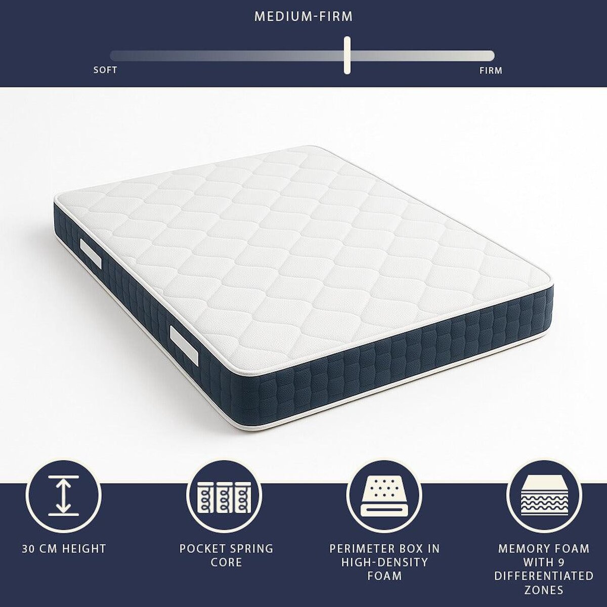 THE WHITE STONE Matelas 80x190 cm à Ressorts Ensachés & Mémoire de Forme | Hauteur 30 cm | Hypoallergénique & Respirant | Dispositif Médical Classe 1 | Fabriqué en Italie